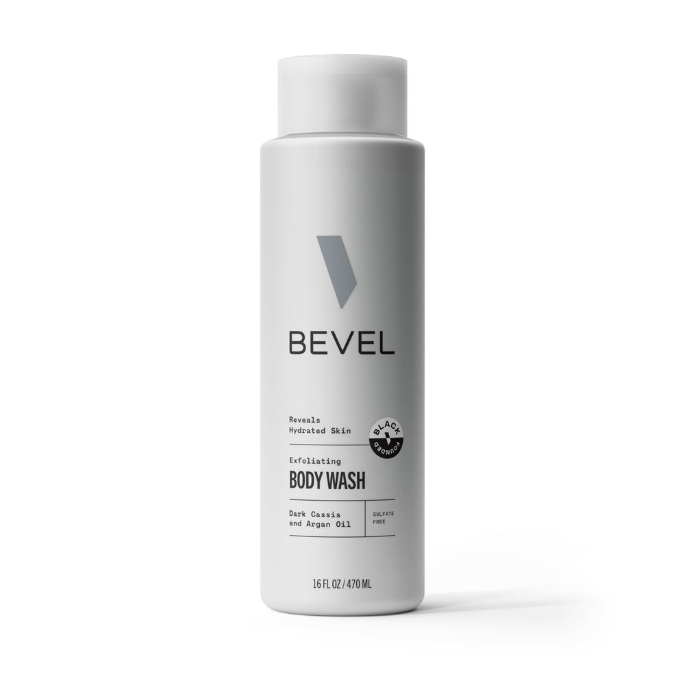 Bevel Exfoliating Body Wash Dark Cassis bottle fuels a refreshing shower routine
