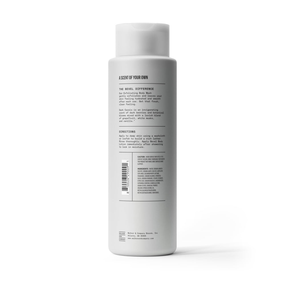 Bevel Exfoliating Body Wash ingredients spectrum graphic highlighting hydration and cleanse