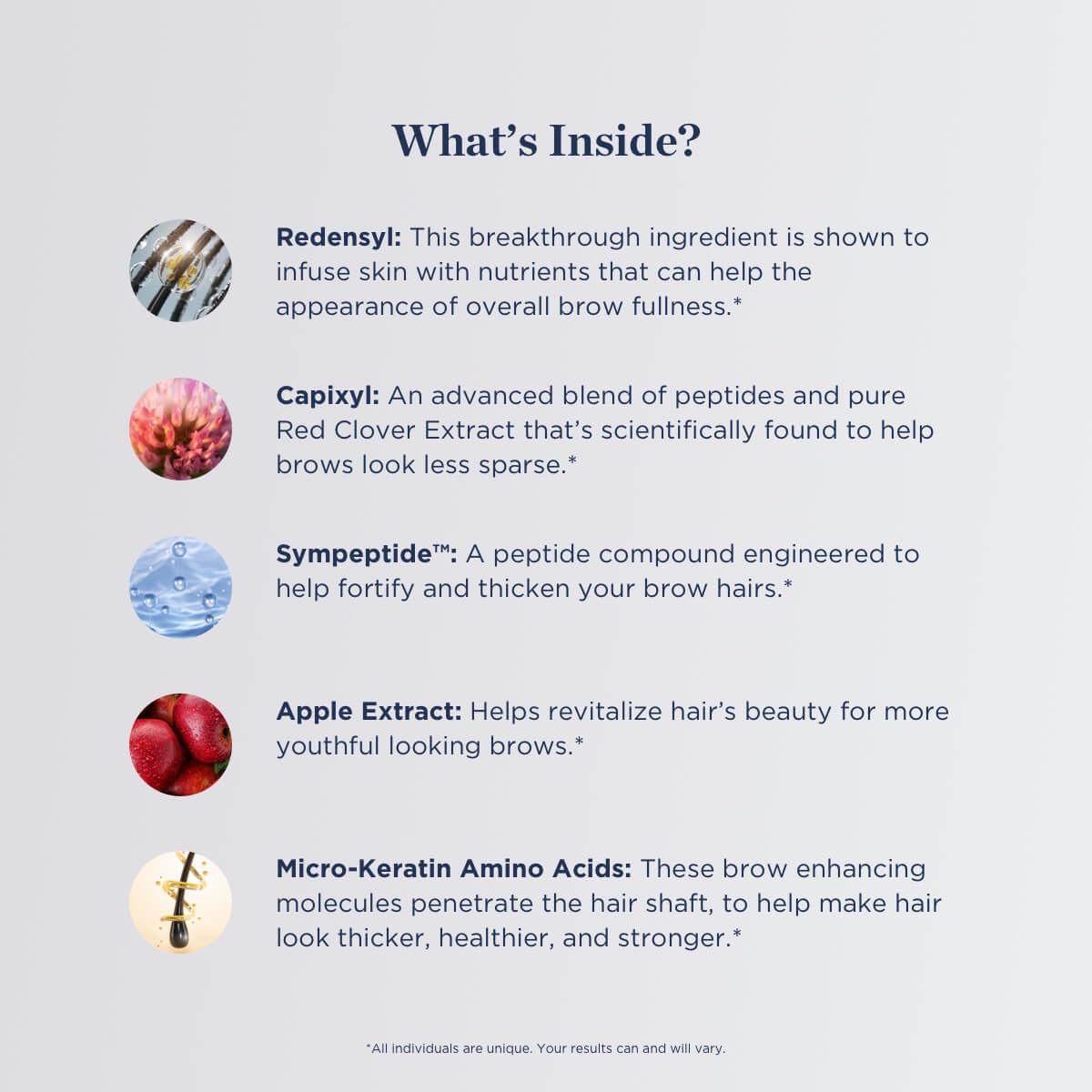 Beverly Hills MD Thick + Full Brow Serum ingredients panel highlighting polyphenols, proteins, and vitamins.