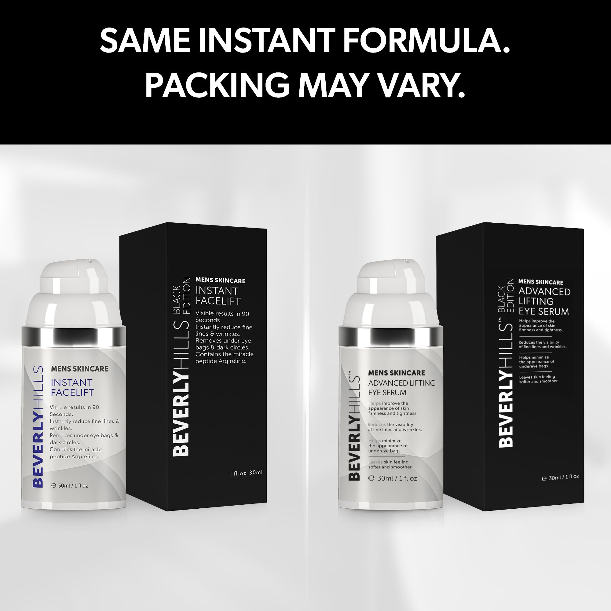 Beverly Hills Mens Eye Serum tube close-up demonstrates brightening and tightening use.