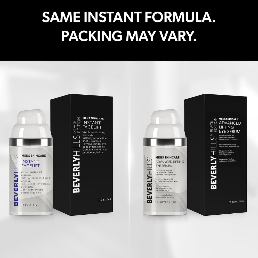 Beverly Hills Mens Eye Serum tube close-up demonstrates brightening and tightening use.