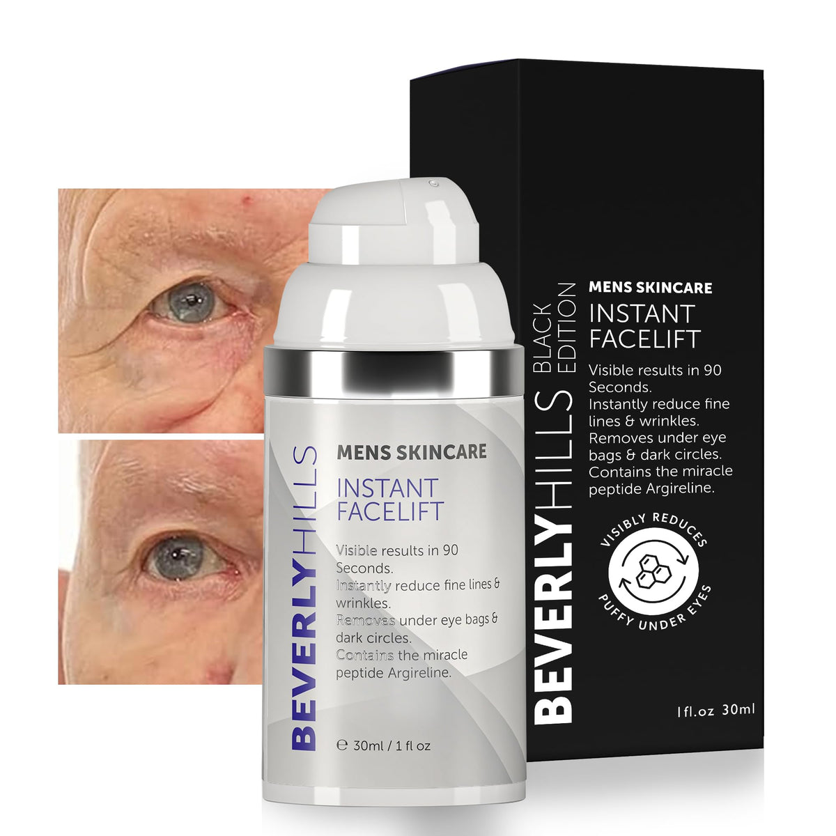 Beverly Hills Mens Instant Facelift Serum bottle close-up showing lift potential.