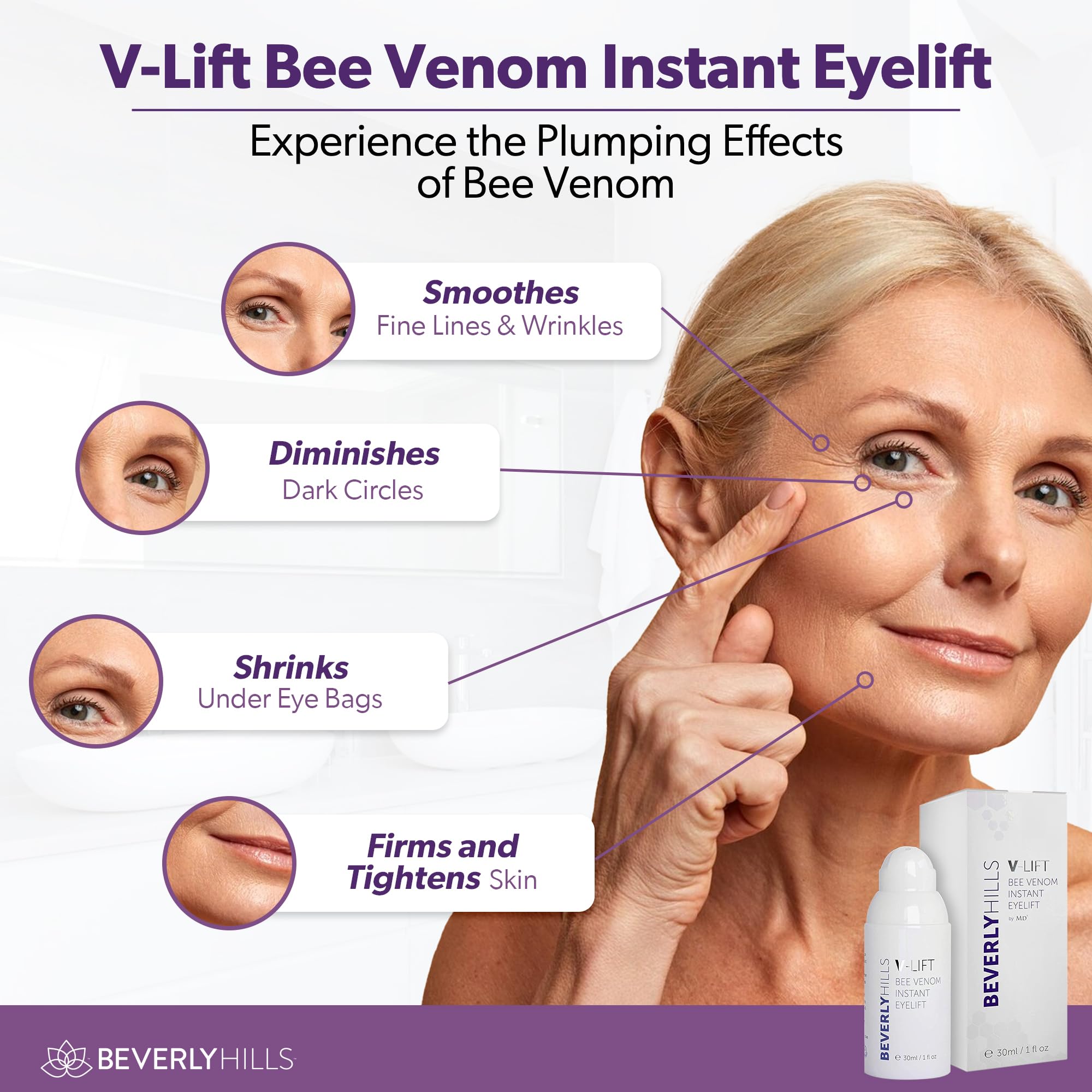 BEVERLY HILLS V-LIFT serum-dispense drop demonstrates easy, controlled application.