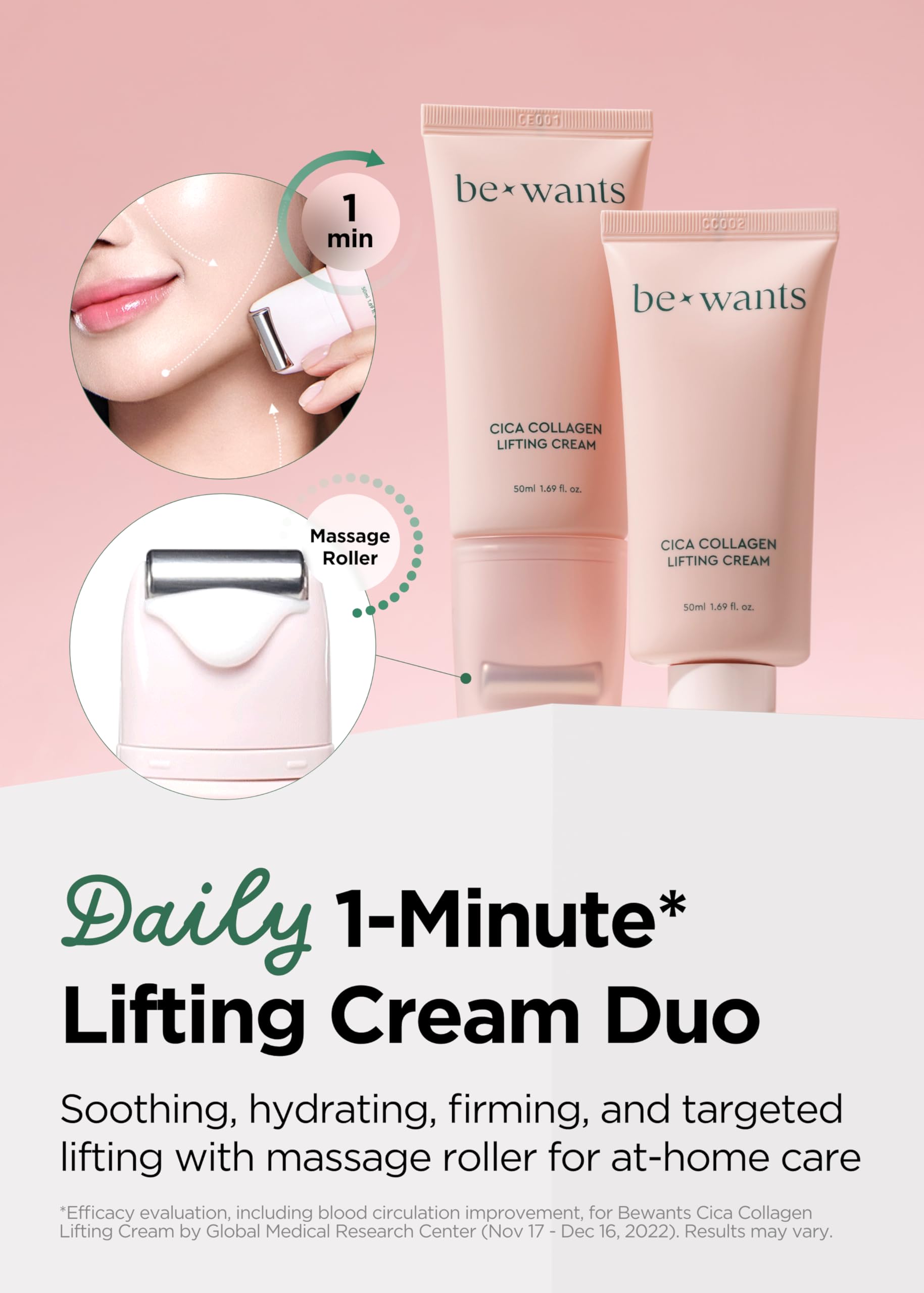 BE+WANTS application shot shows how to use the neck cream roller for lifting moves.
