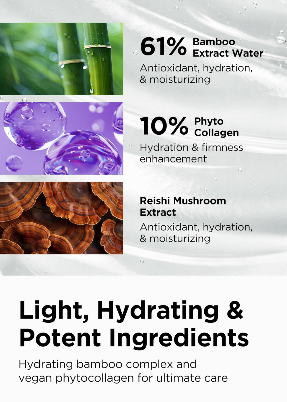 BE+WANTS Bamboo Water image highlights refreshing moisture for the delicate under-eye area.