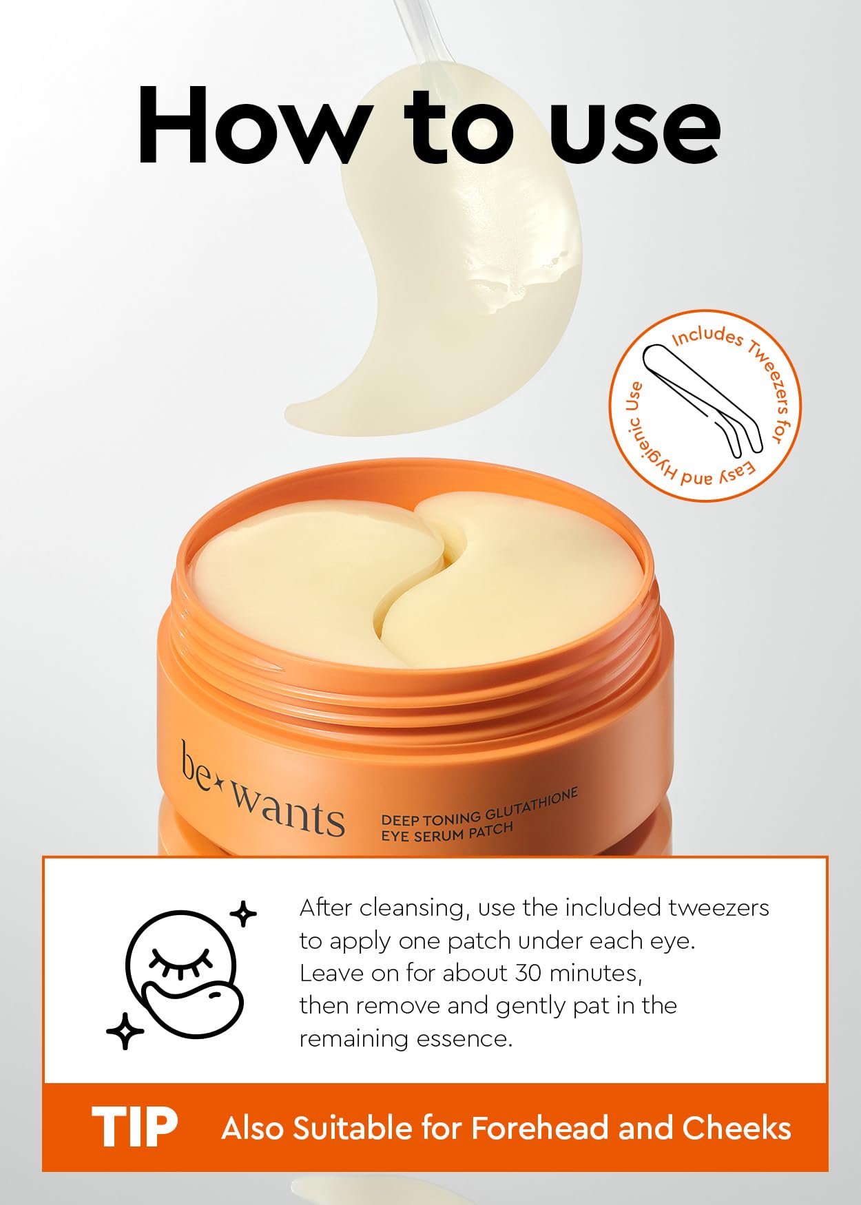 BE+WANTS Bewants hydrogel eye patches packaging close-up with included tweezers.