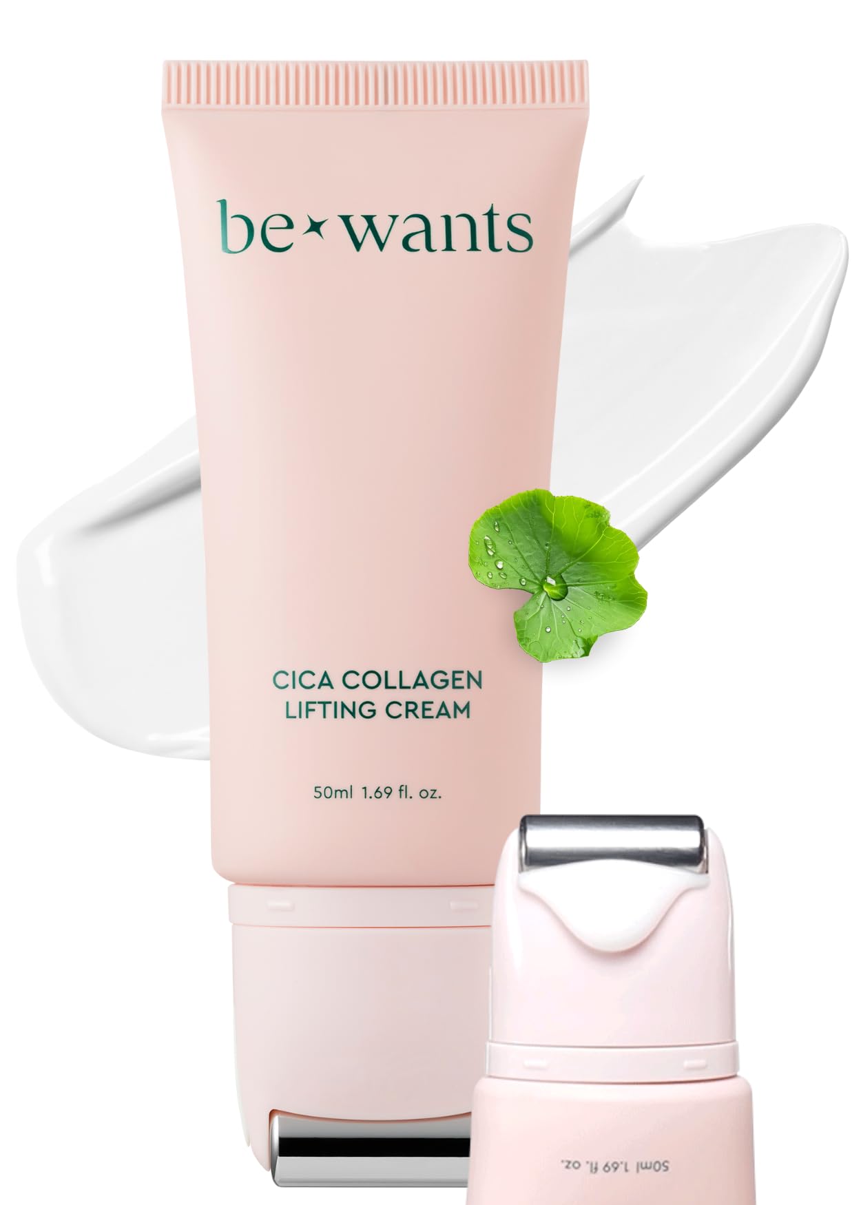 BE+WANTS Bewants gua sha neck cream roller packaging for quick, easy neck care routine