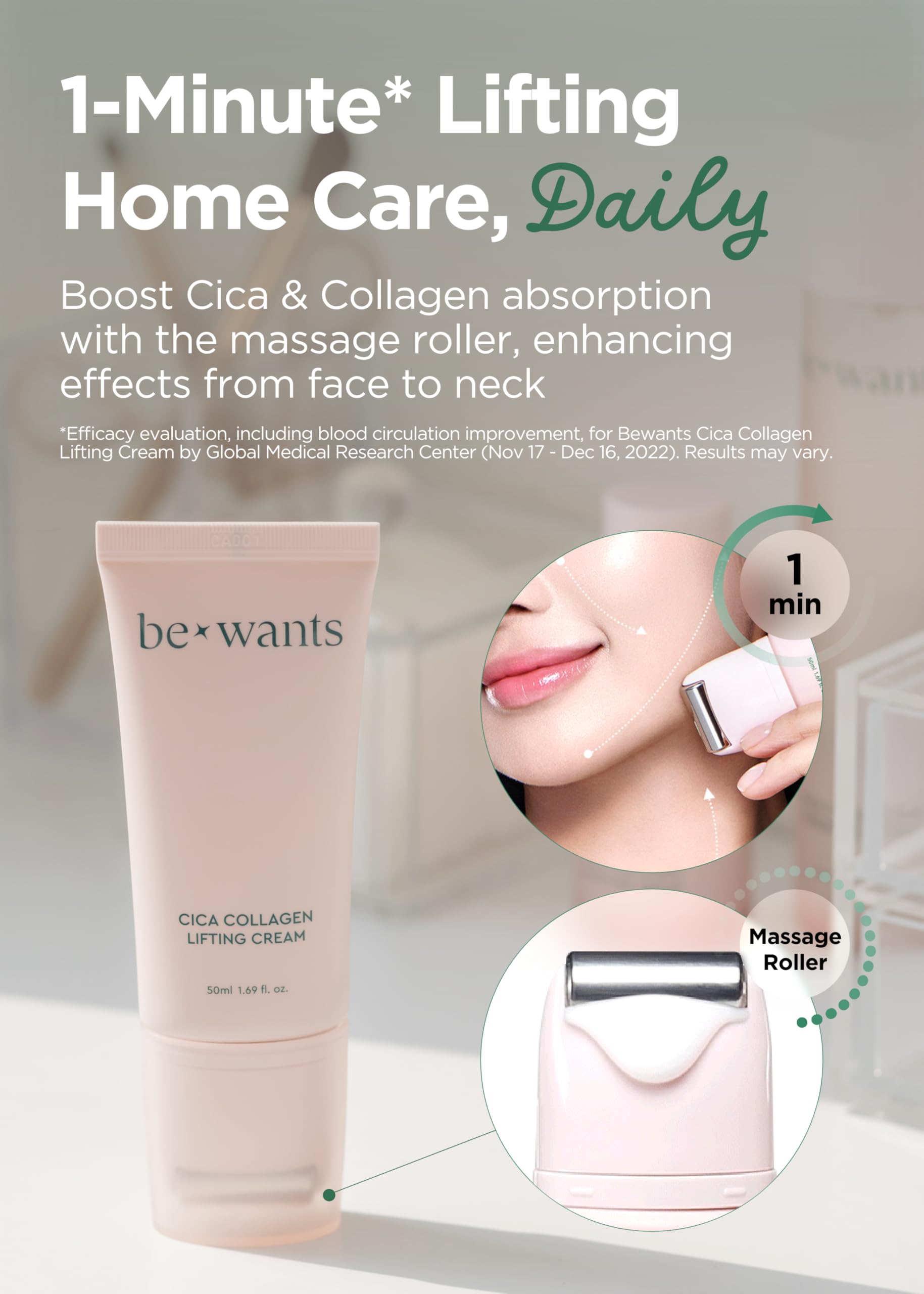 BE+WANTS Bewants gua sha neck cream roller in use on neck for lifting feel