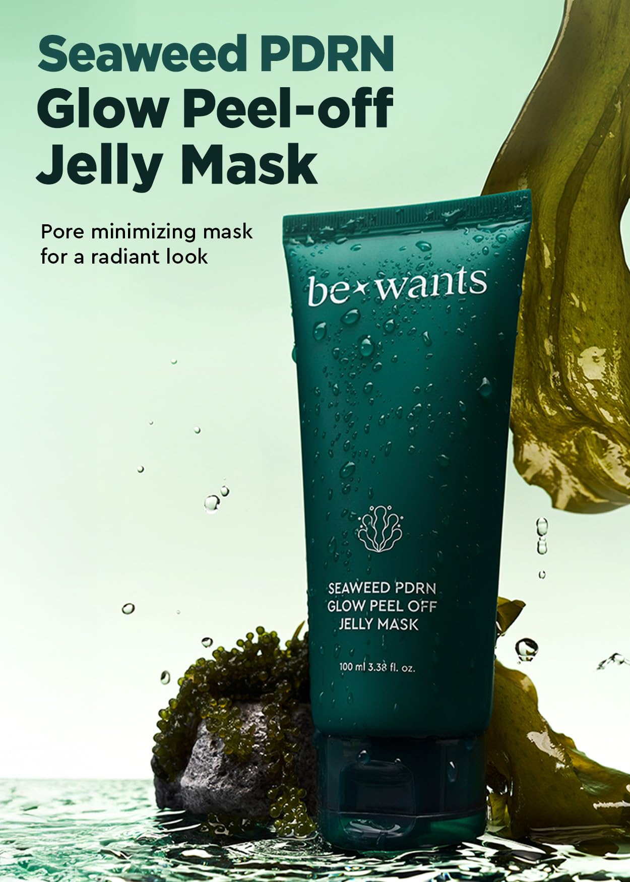 BE+WANTS Seaweed PDRN jelly mask spread on face for even exfoliation
