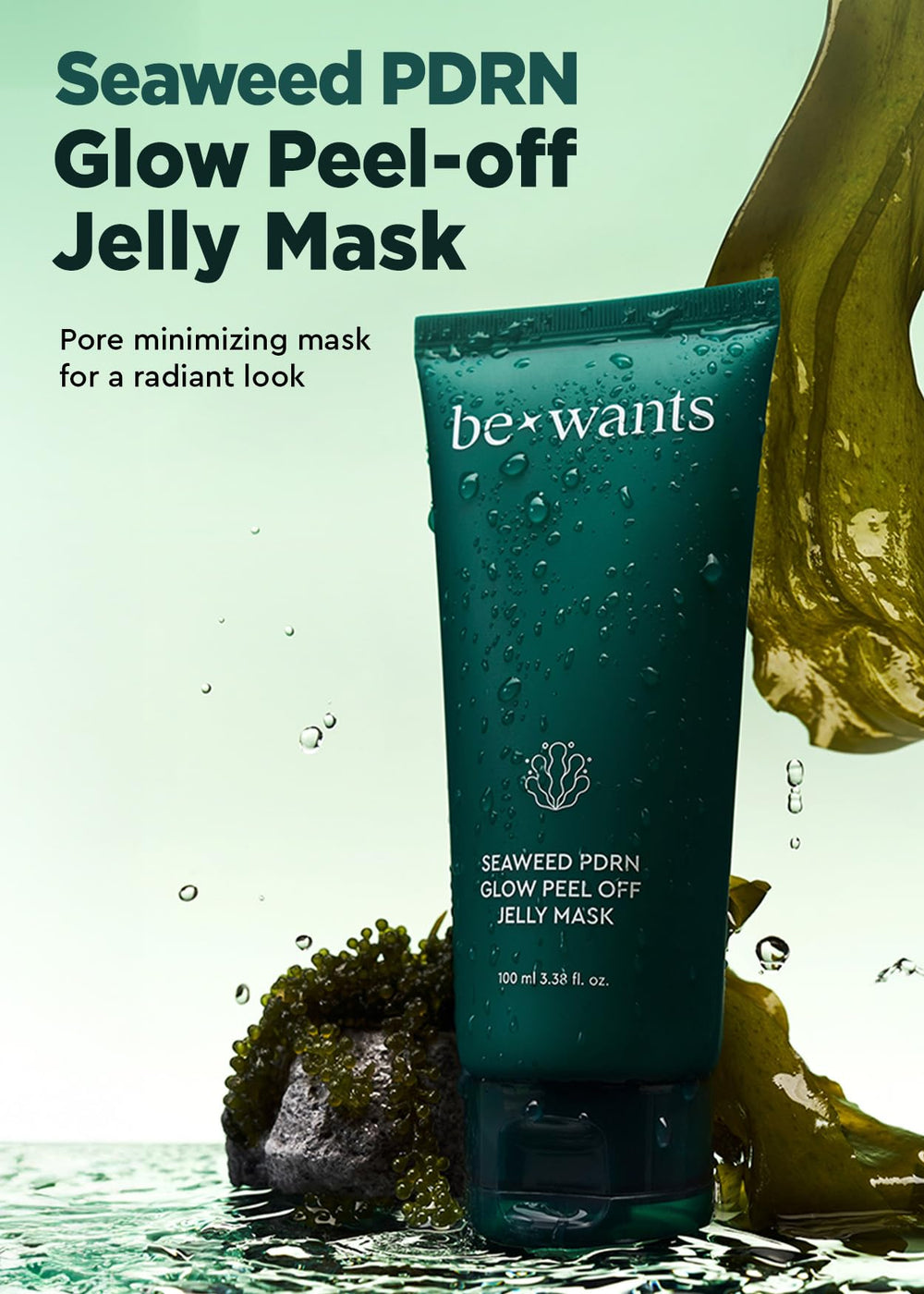 BE+WANTS Seaweed PDRN jelly mask spread on face for even exfoliation