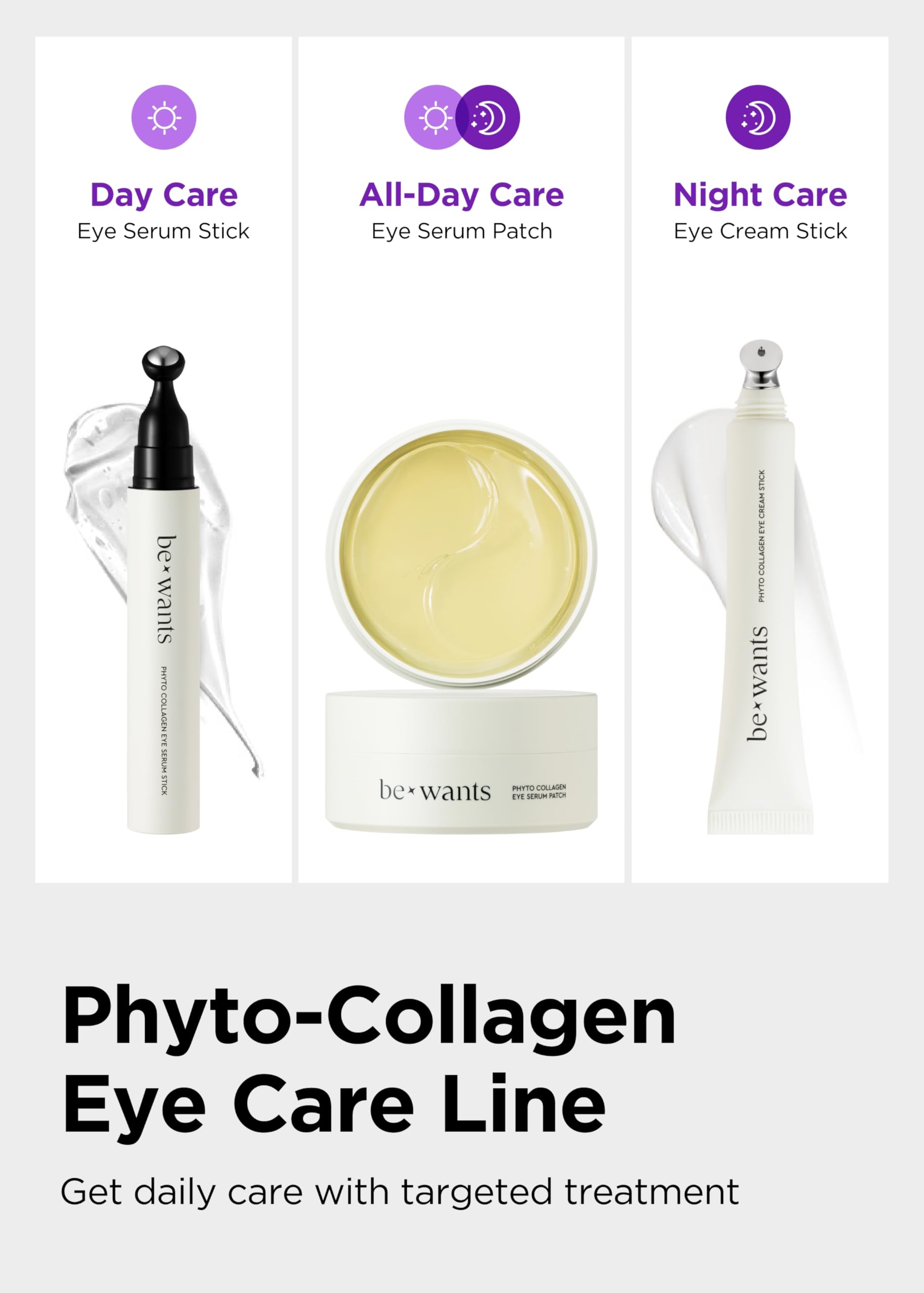 BE+WANTS Vegan Serum under-eye packaging image suggests plant-based daily care.