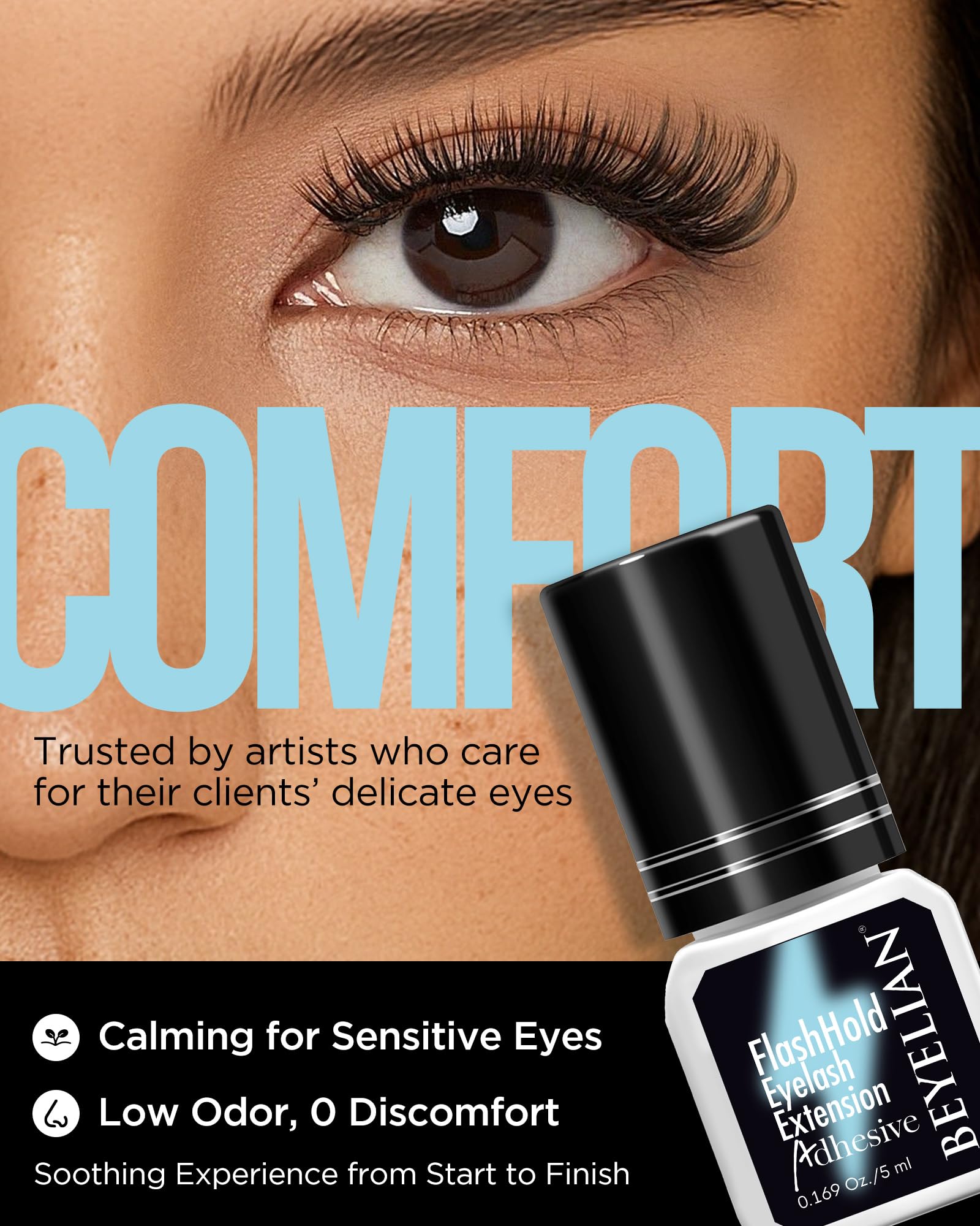BEYELIAN lash-extensions-application closeup shows controlled classic and volume lash technique.