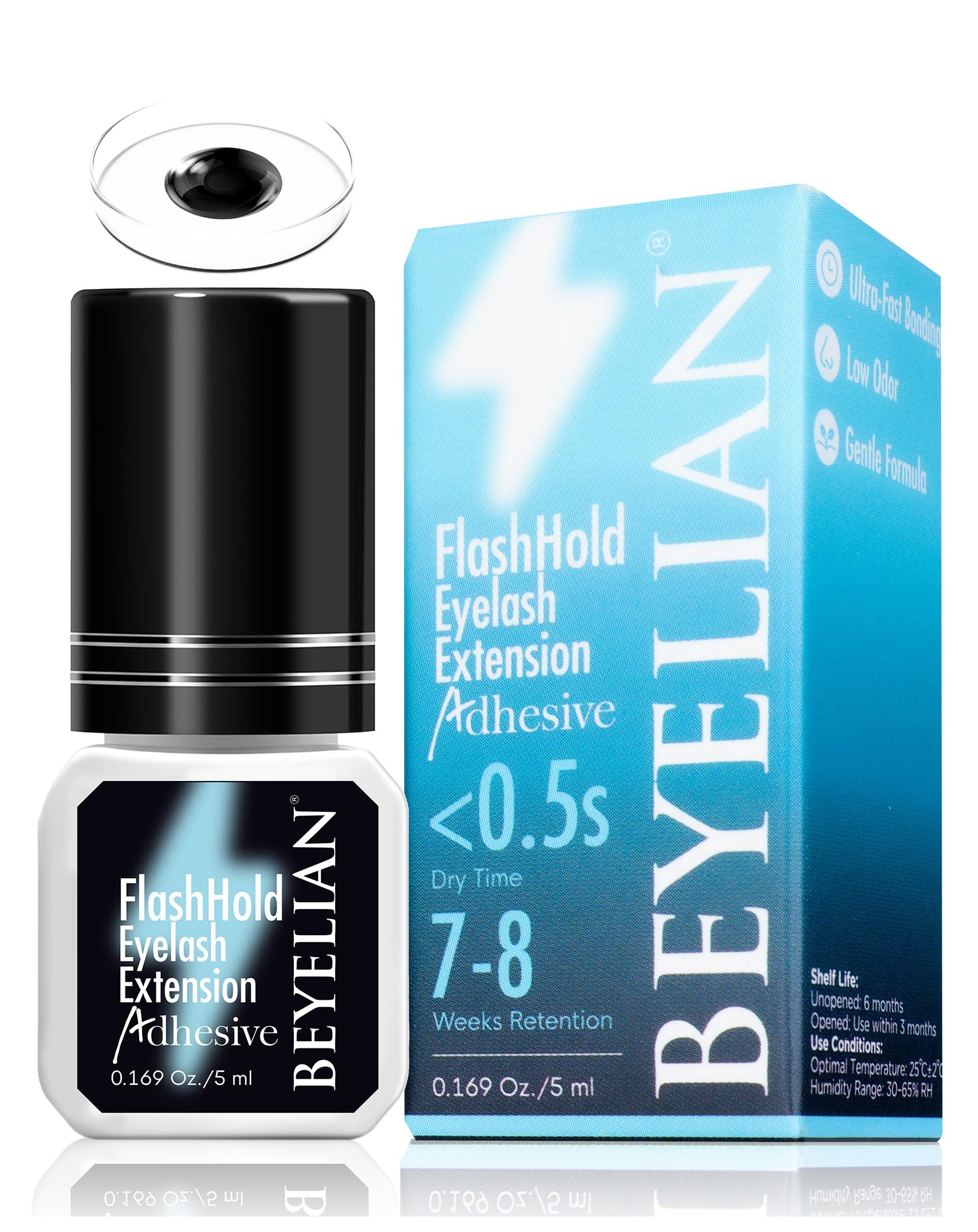 BEYELIAN Sensitive Glue bottle closeup illustrates compact, precise packaging for professional lash work.