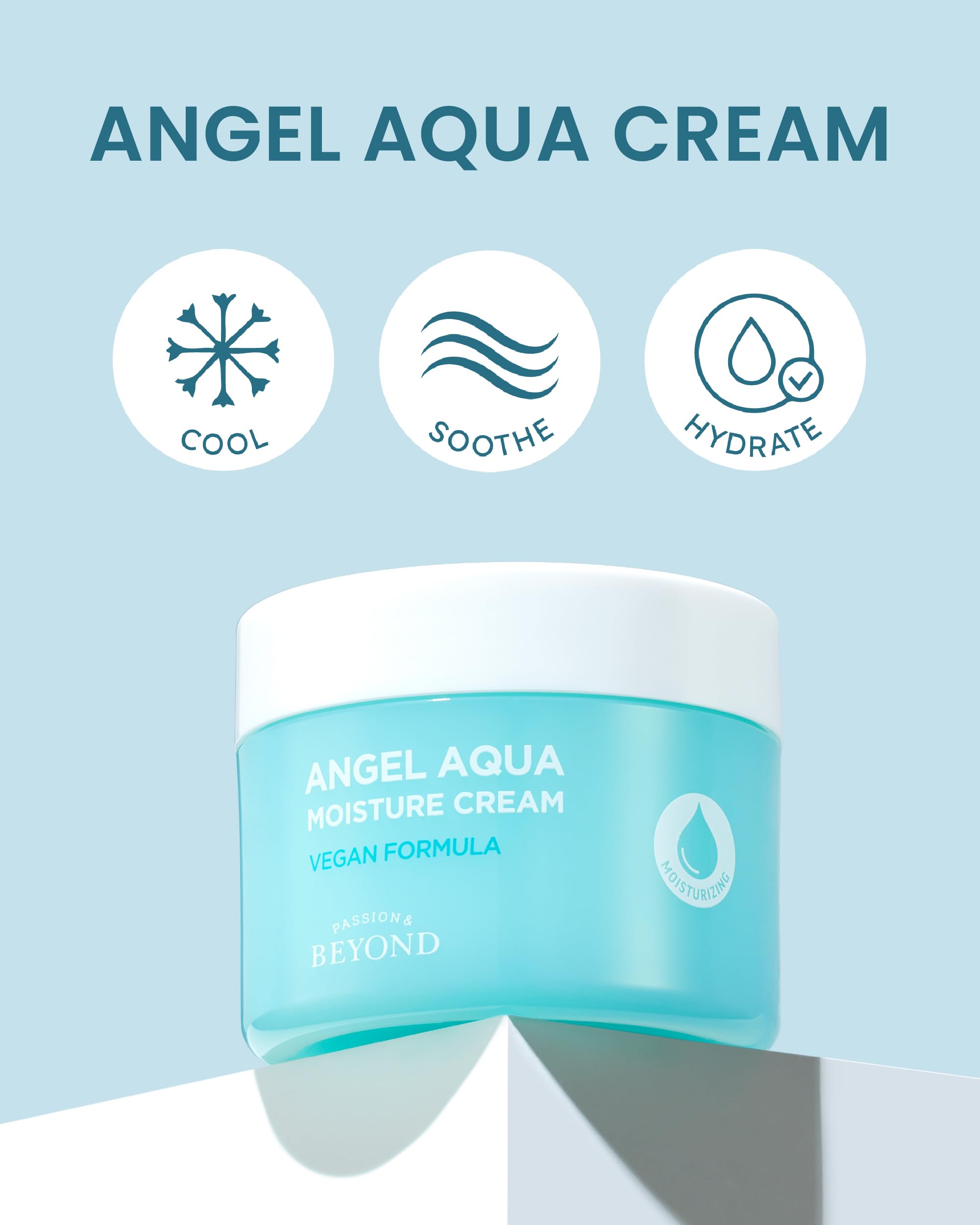 ECO BEYOND Angel Aqua Moisture Cream jar close-up highlights cooling, soothing texture.