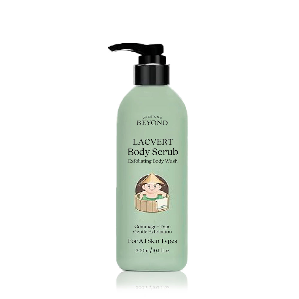 BEYOND Lacvert body scrub bottle ready for gentle exfoliation at home spa.