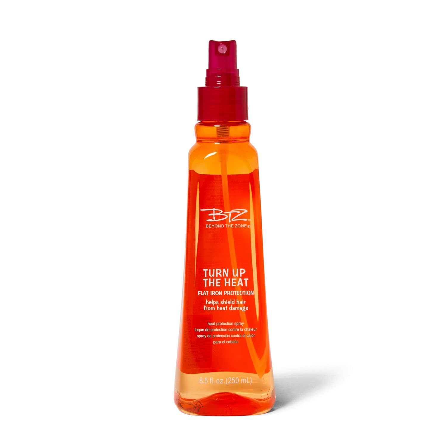 Beyond The Zone Turn Up The Heat Protection Spray bottle closeup highlighting silky shine and heat protection.