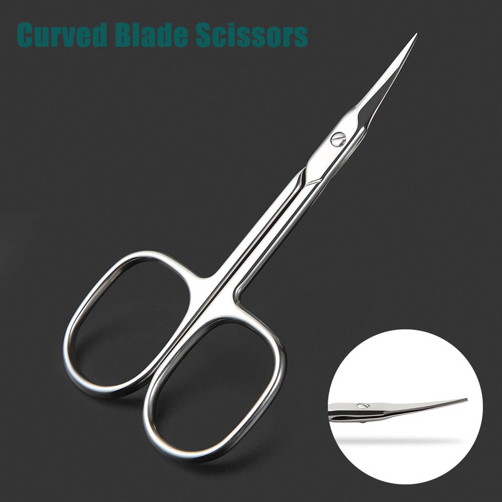 BEZOX curved-tip scissors in use on eyebrows for accurate shaping.