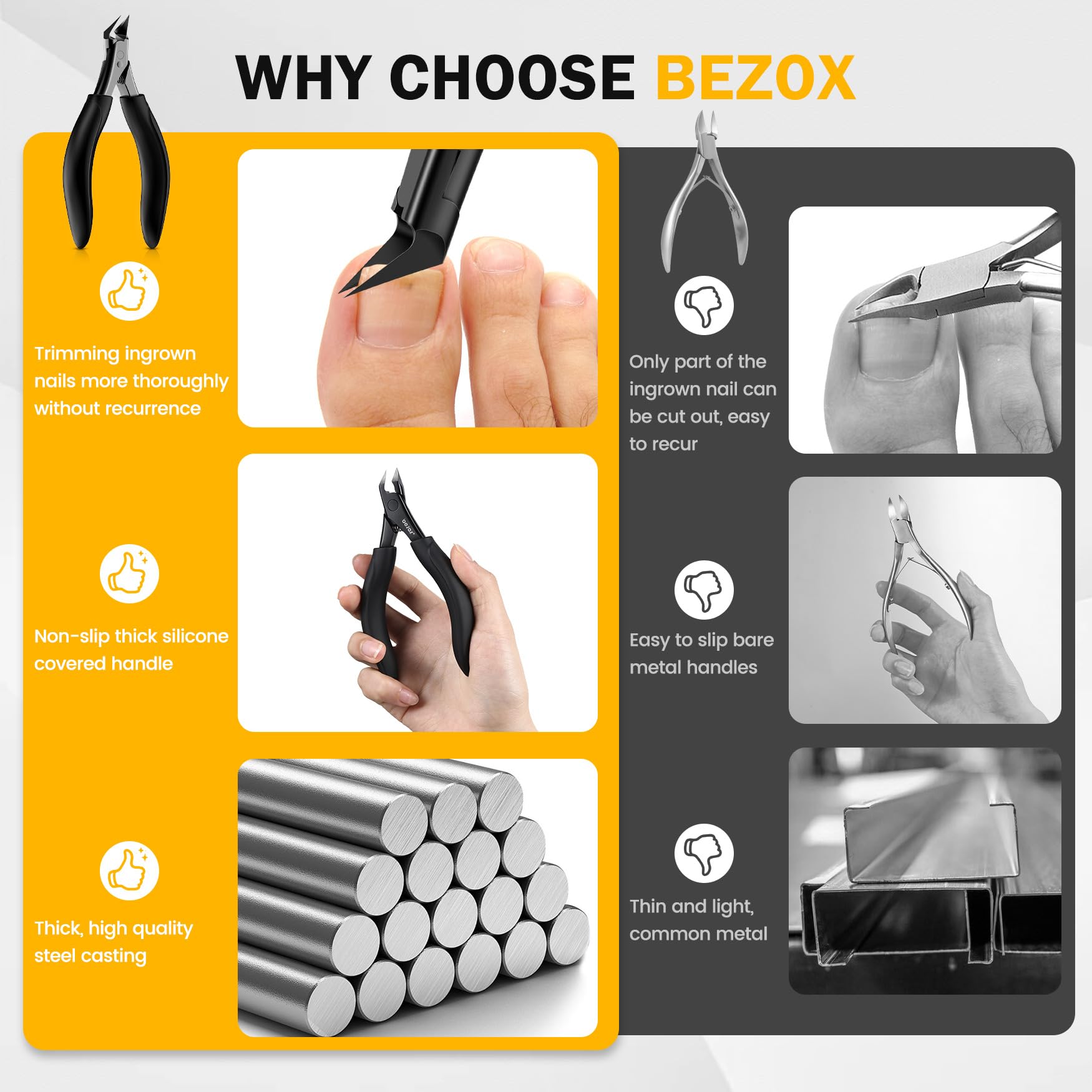 BEZOX wide opening jaw handles thick nails with a sharp, precise cut.