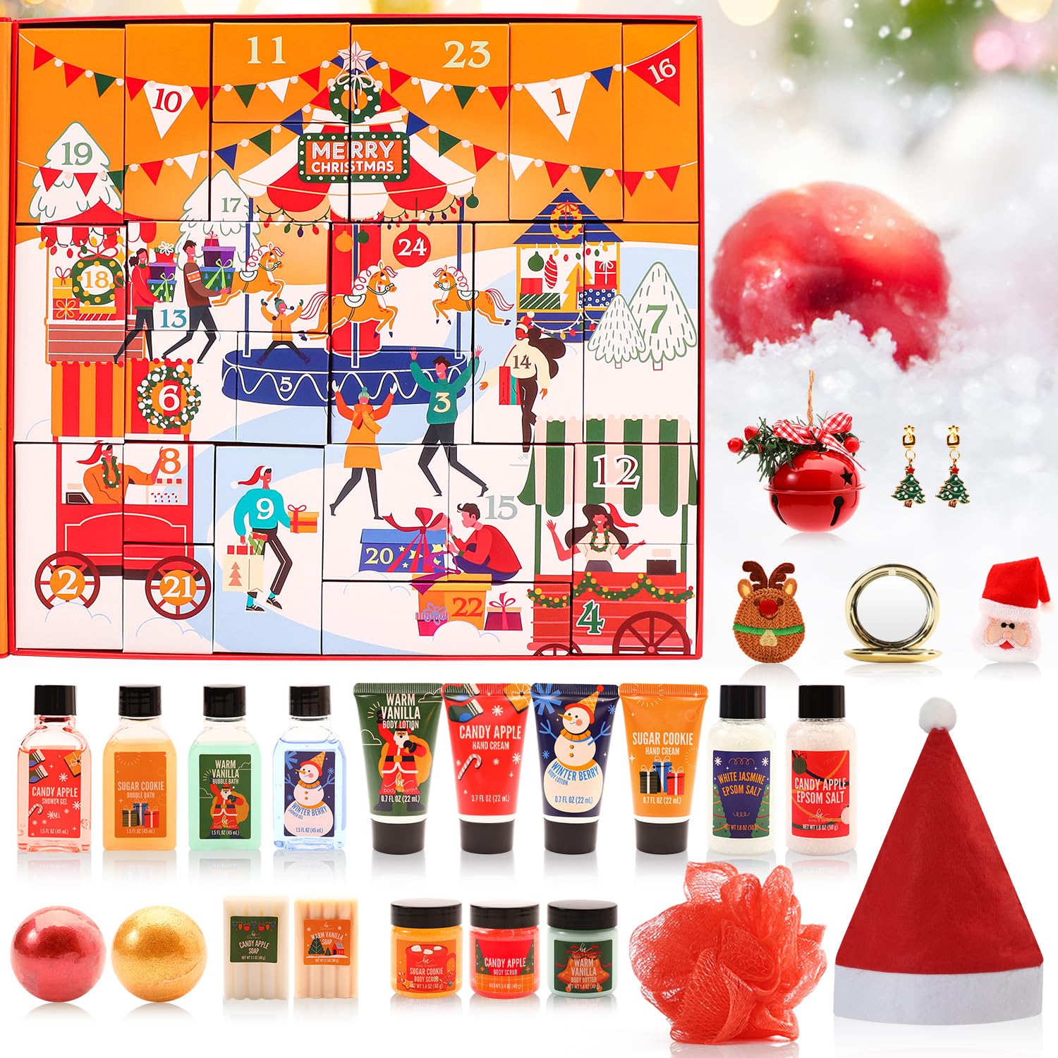 BFFLOVE Advent Calendar 2025 luxury products display with cleansers, lotions, bath bombs
