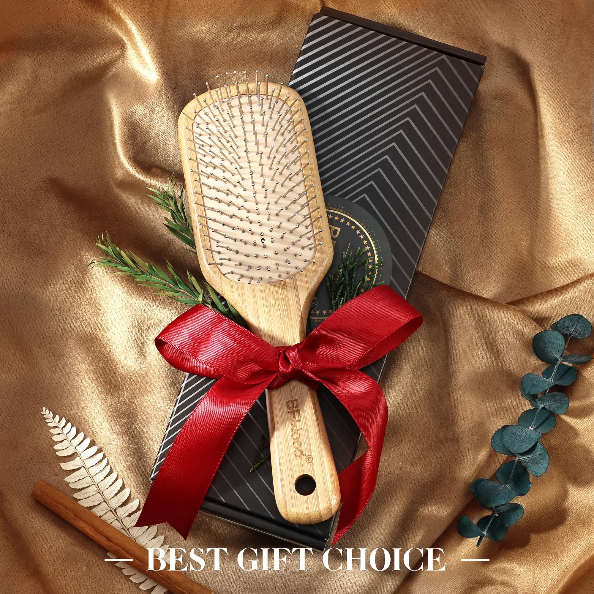 BFWood bamboo hair brush helps curly hair with gentle detangling and volume.