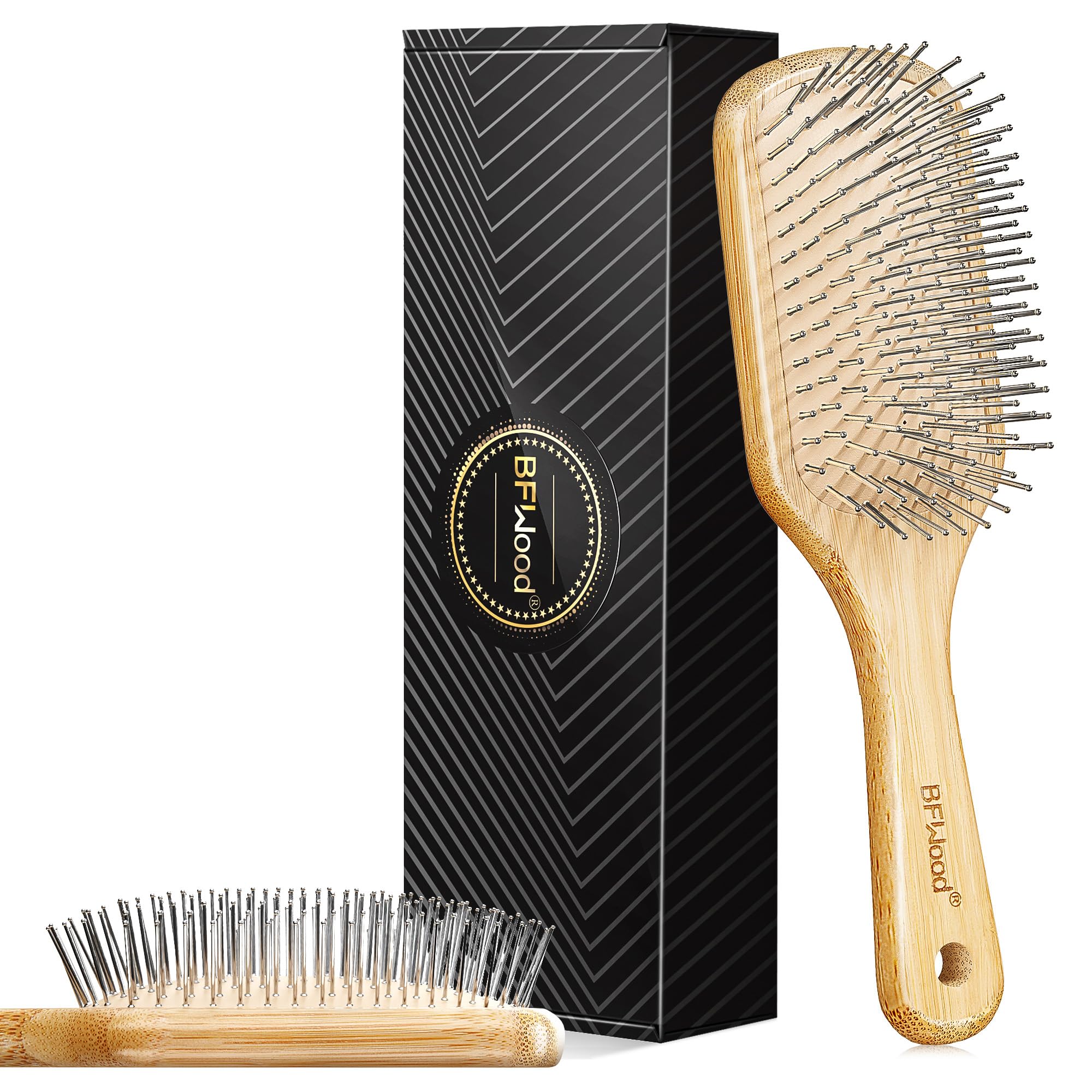 BFWood bamboo hair brush handle close-up showing comfortable grip for styling.