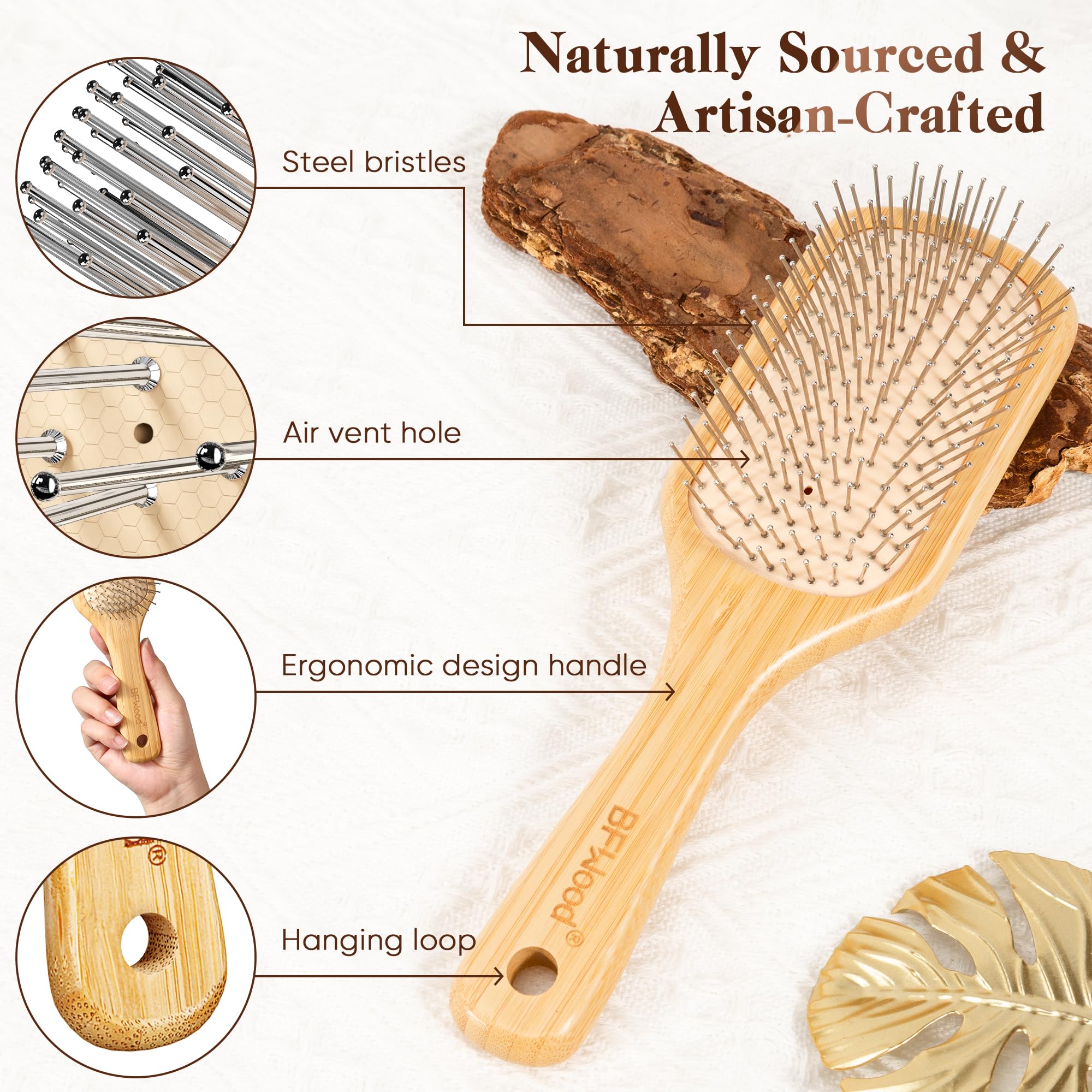 BFWood bamboo hair brush rubber cushioned base supports flexible, comfortable brushing.