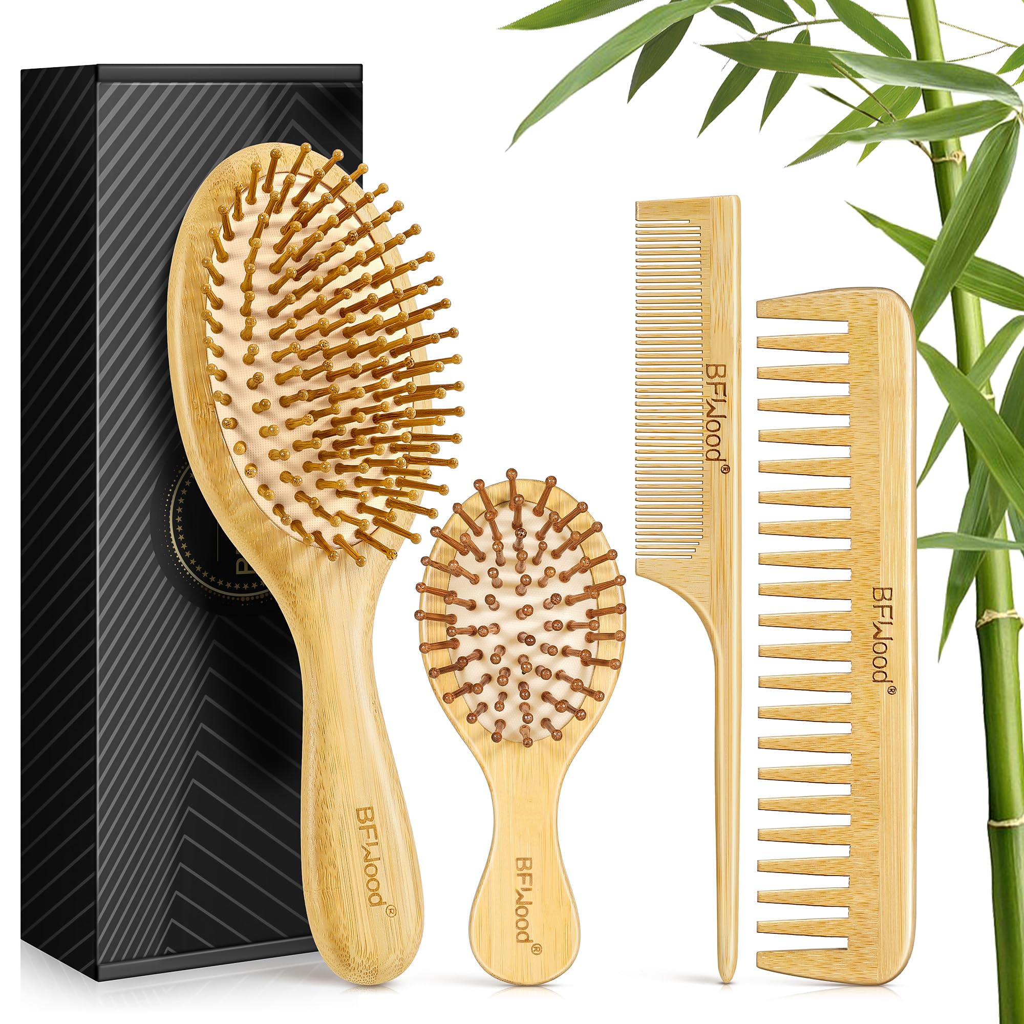 BFWood Bamboo Hair Brush Set paddle brush close-up for gentle detangling and everyday smoothing.