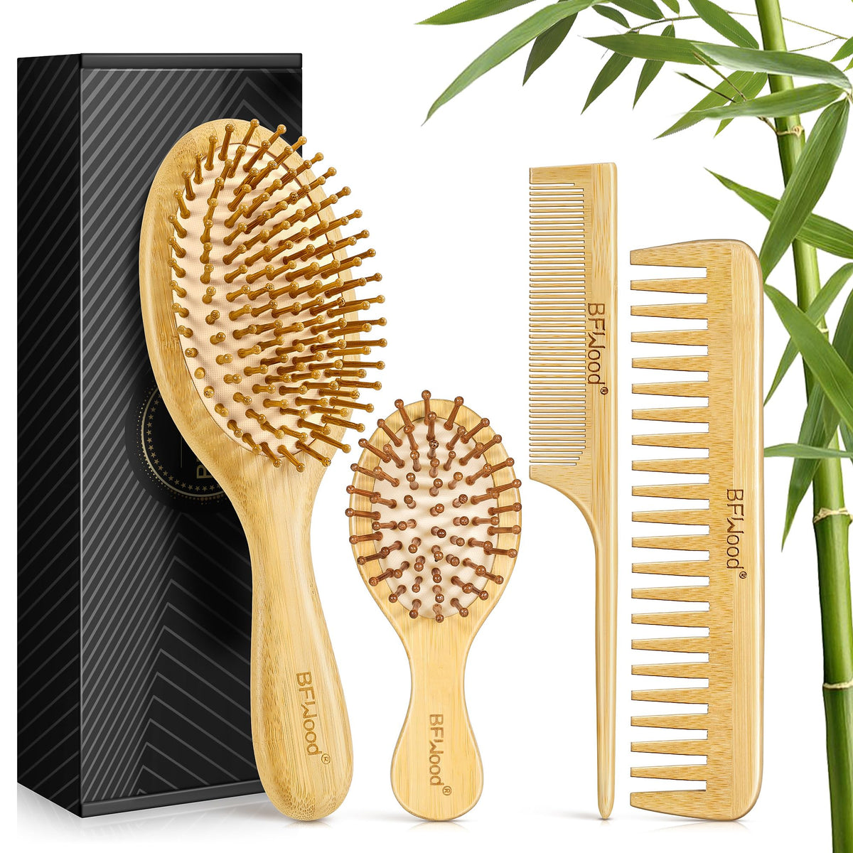 BFWood Bamboo Hair Brush Set paddle brush close-up for gentle detangling and everyday smoothing.