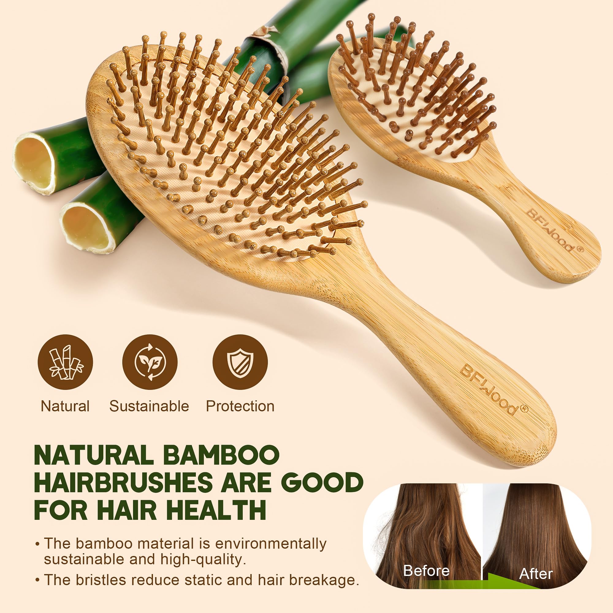 BFWood wide-tooth comb detangling thick hair with natural bamboo safely.