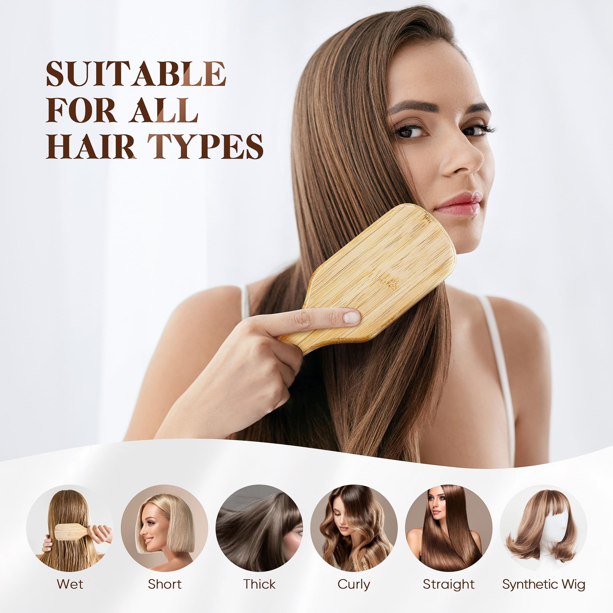 BFWood bamboo hair brush with steel bristles supports smoother detangling and frizz control.