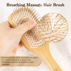 BFWood bamboo hair brush steel bristles for smooth detangling and gentle scalp stimulation.