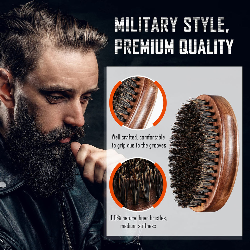 BFWood beard brush close-up reveals natural boar bristles for even application.