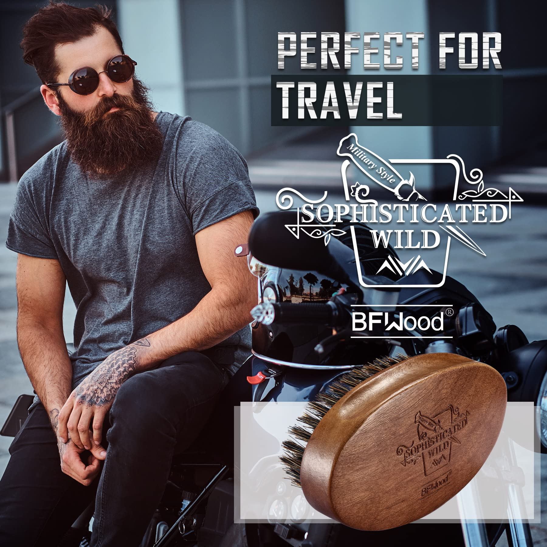 BFWood walnut-handle close-up highlights sturdy construction for long-term beard care.