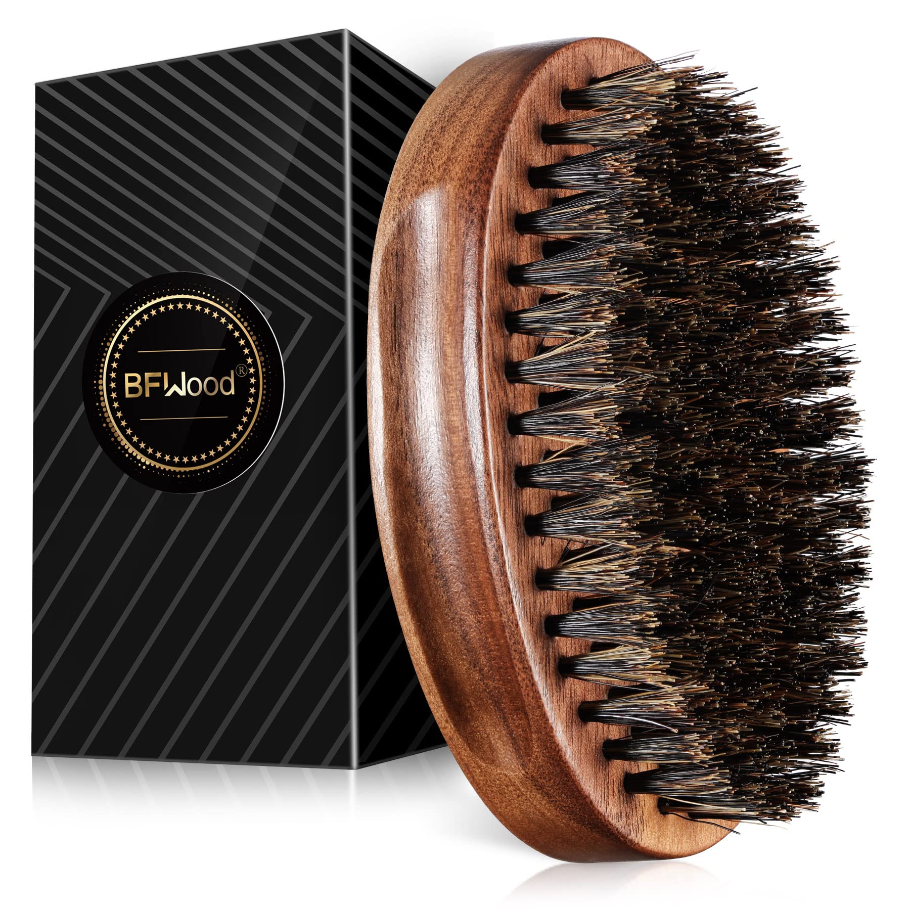BFWood boar bristle beard brush with black wood handle for even balm distribution.