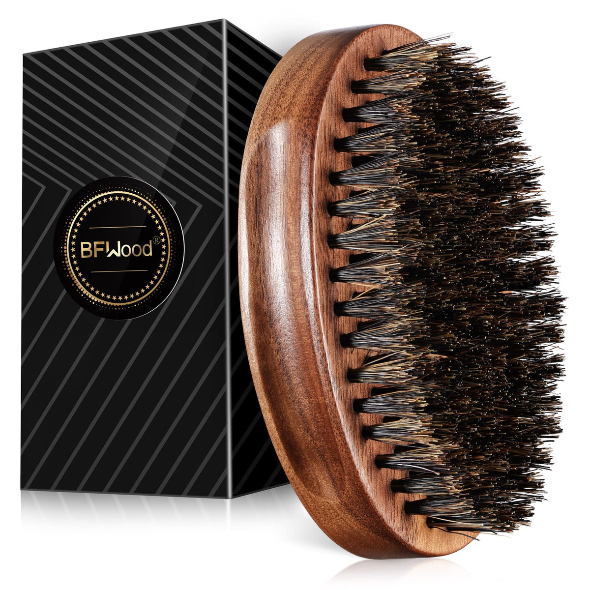 BFWood boar bristle beard brush with black wood handle for even balm distribution.
