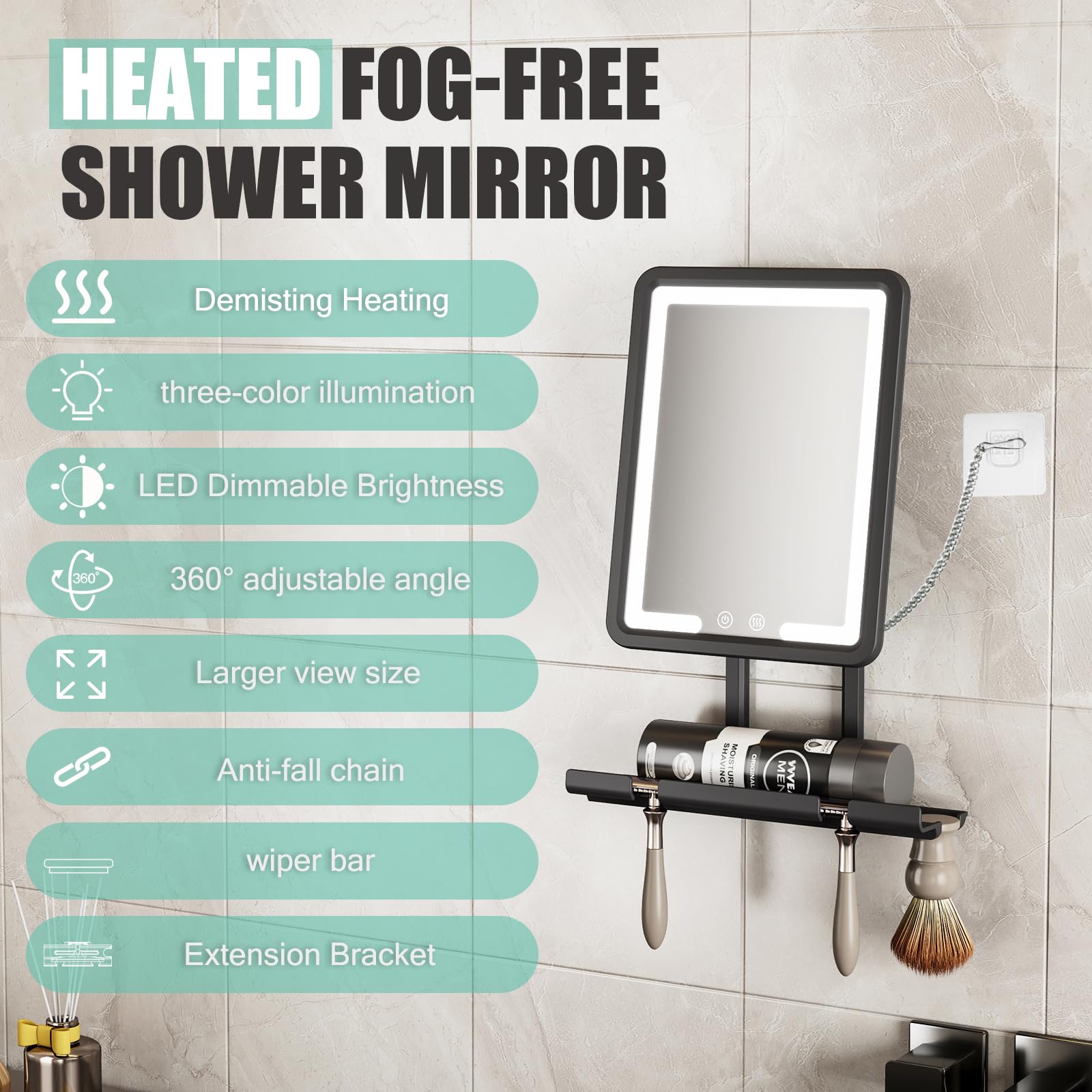 BGick lighted anti fog shower mirror 360 degree rotation for easy angle