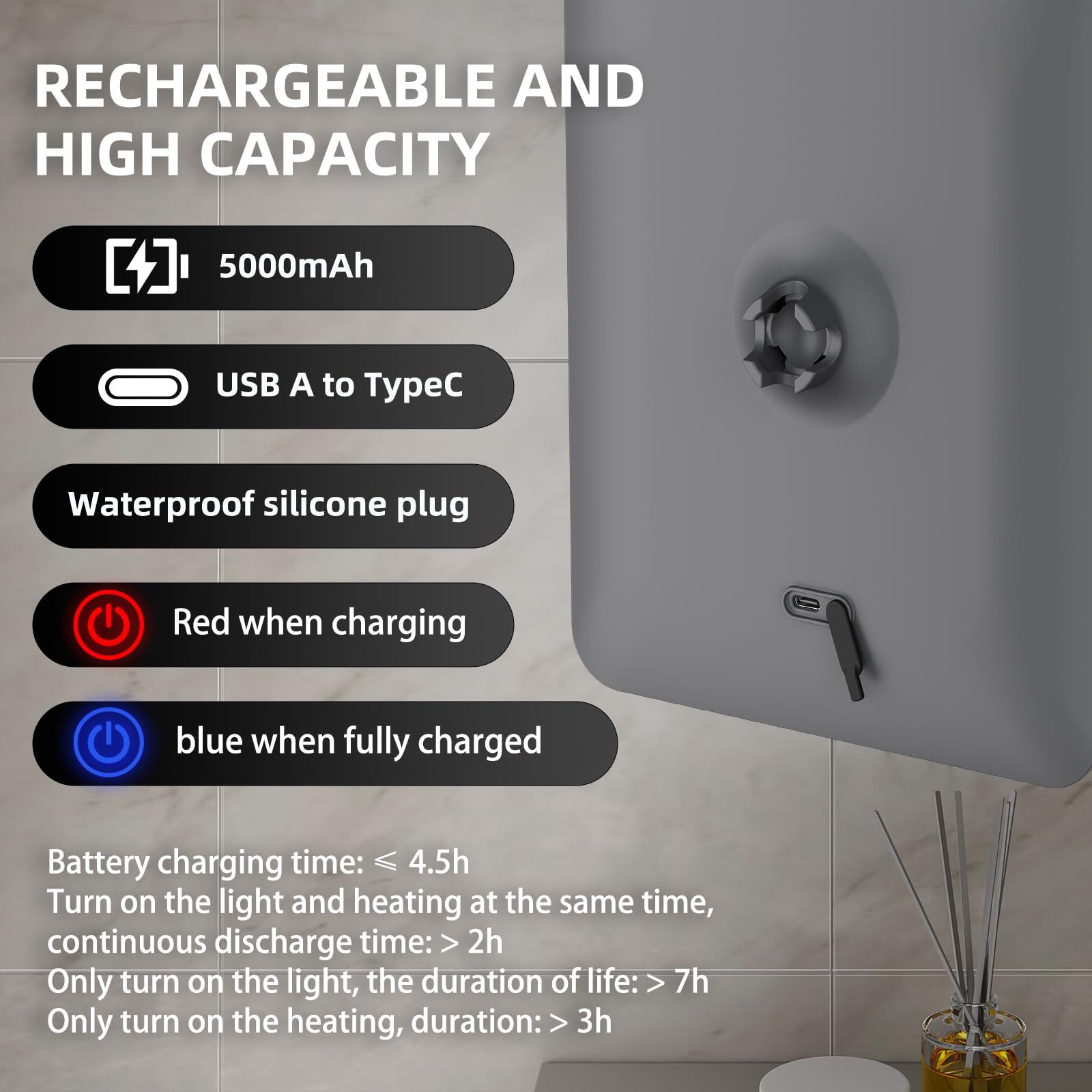 BGick lighted anti fog shower mirror rechargeable 5000mAh battery