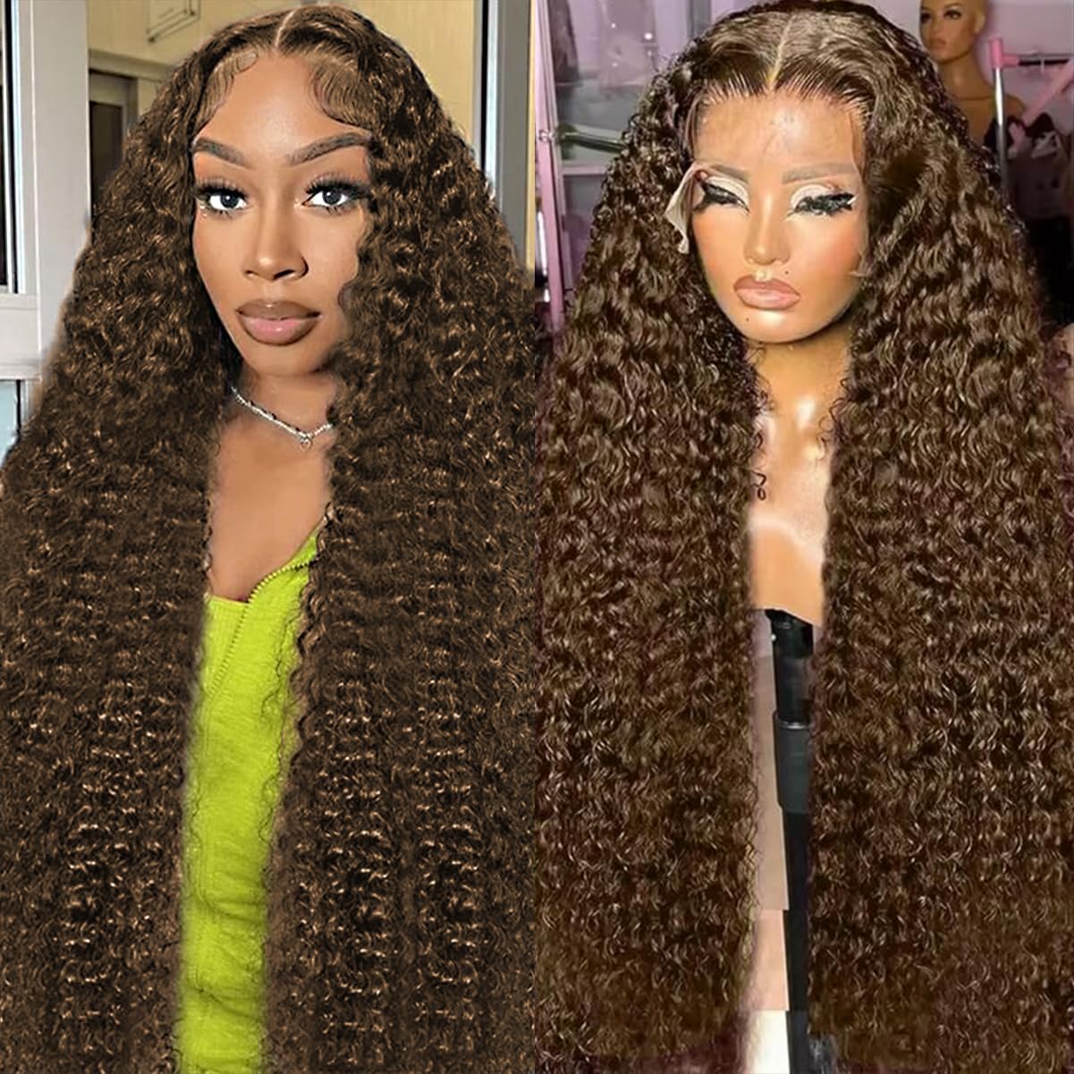BIANFA 30-inch chocolate brown deep-wave wig front view with natural hairline