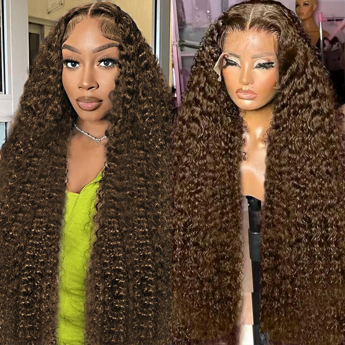 BIANFA 30-inch chocolate brown deep-wave wig front view with natural hairline