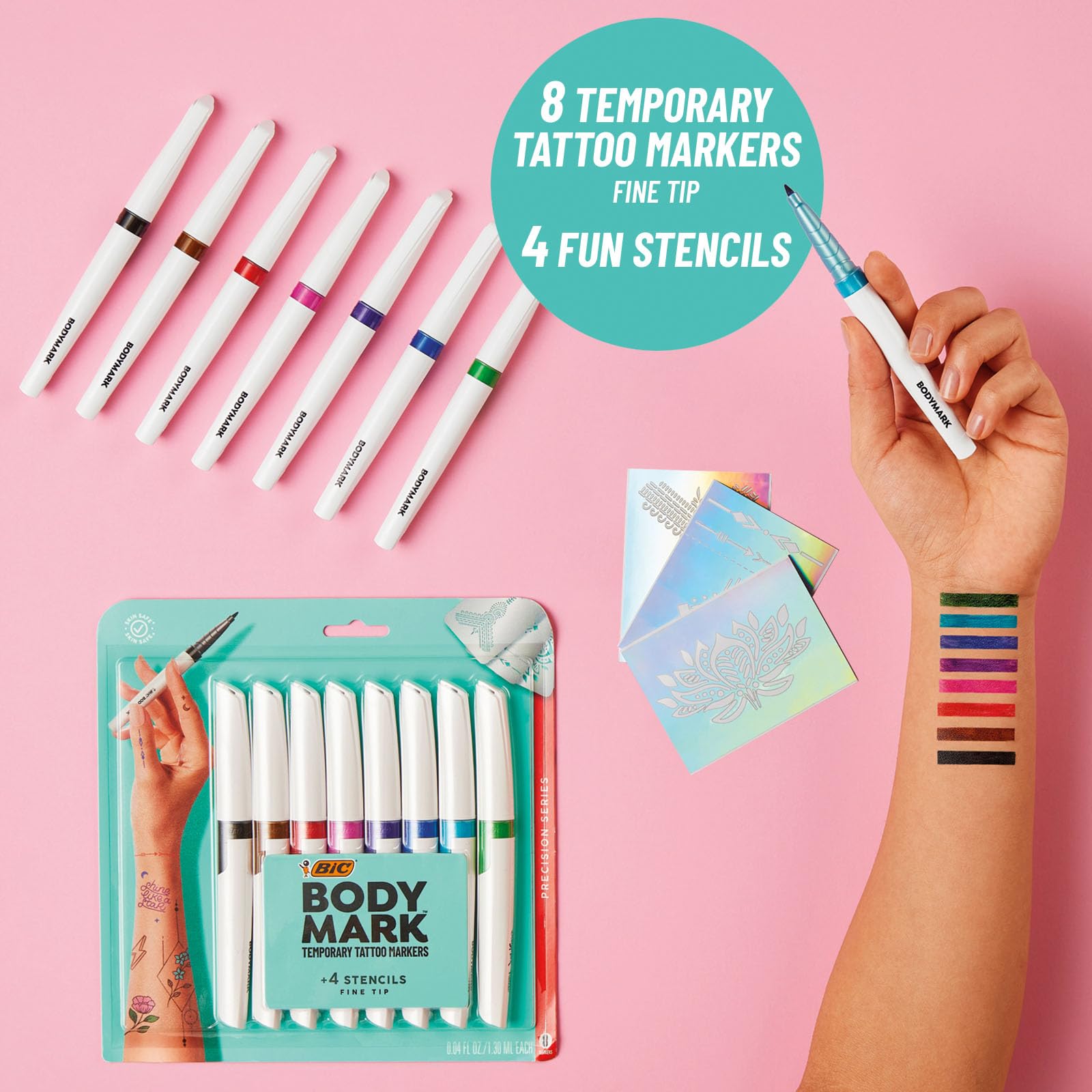 BIC BodyMark markers on the skin show quick-dry ink benefits.