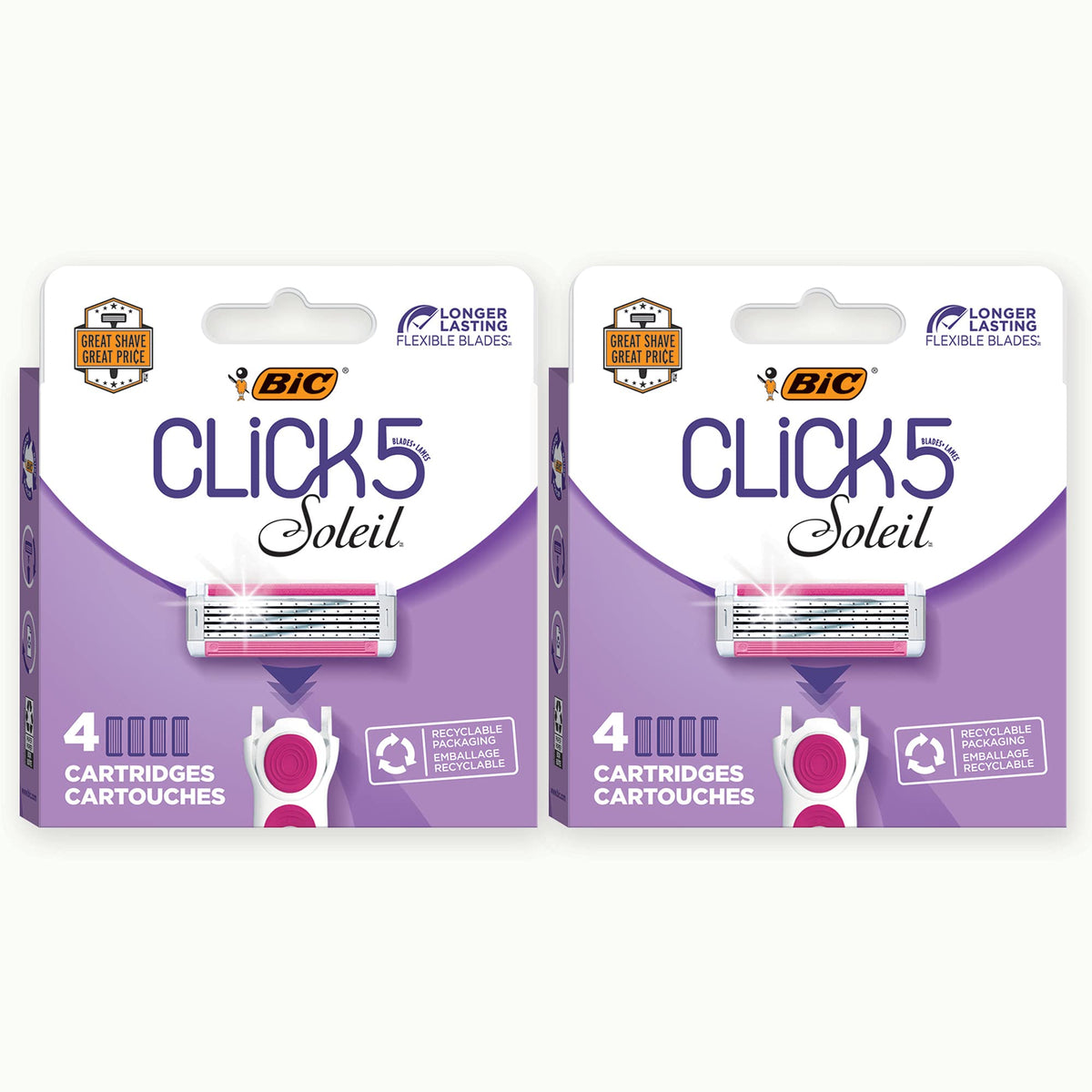 BIC Click 5 Soleil pink packaging—recyclable box for eco-conscious shoppers.
