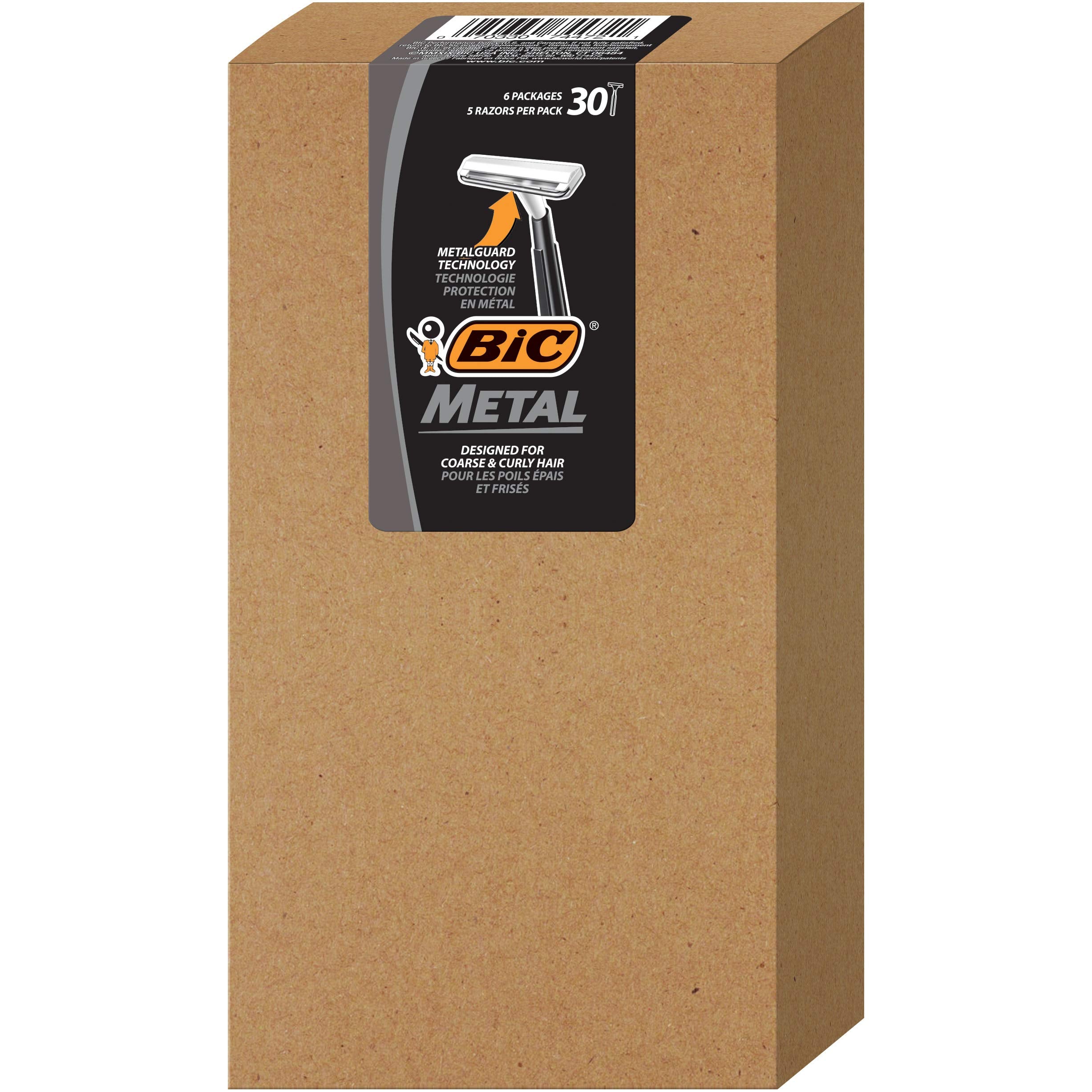 BIC metal men disposable razors pack back shows six packs of five for value.
