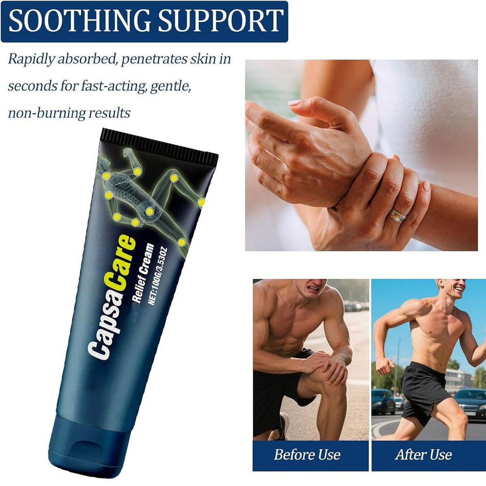 Bicotand CapsaCare hands massage scene emphasizes gentle relief during use.
