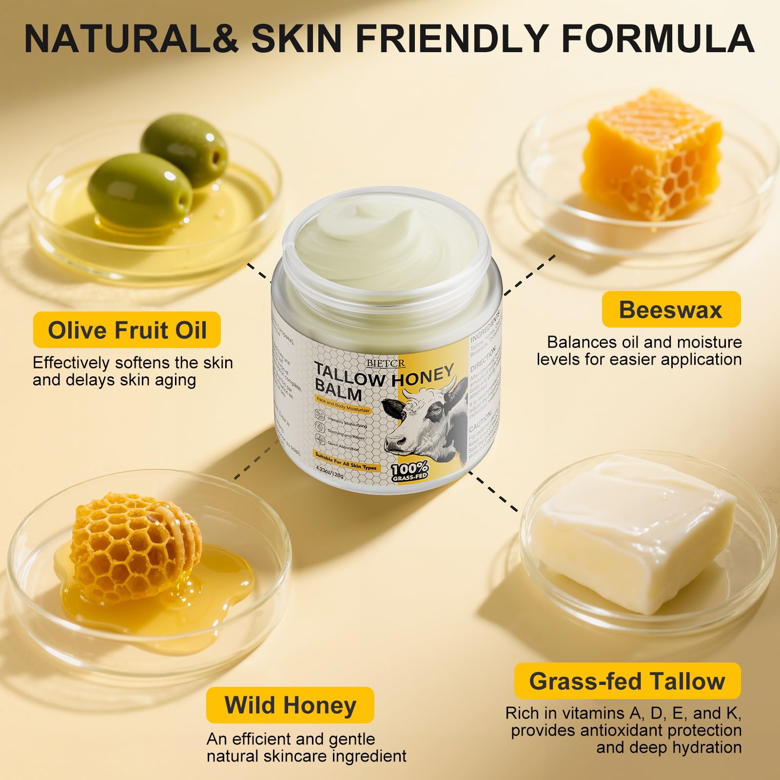 BIETCR natural ingredients label highlights beeswax and olive oil for skin conditioning.