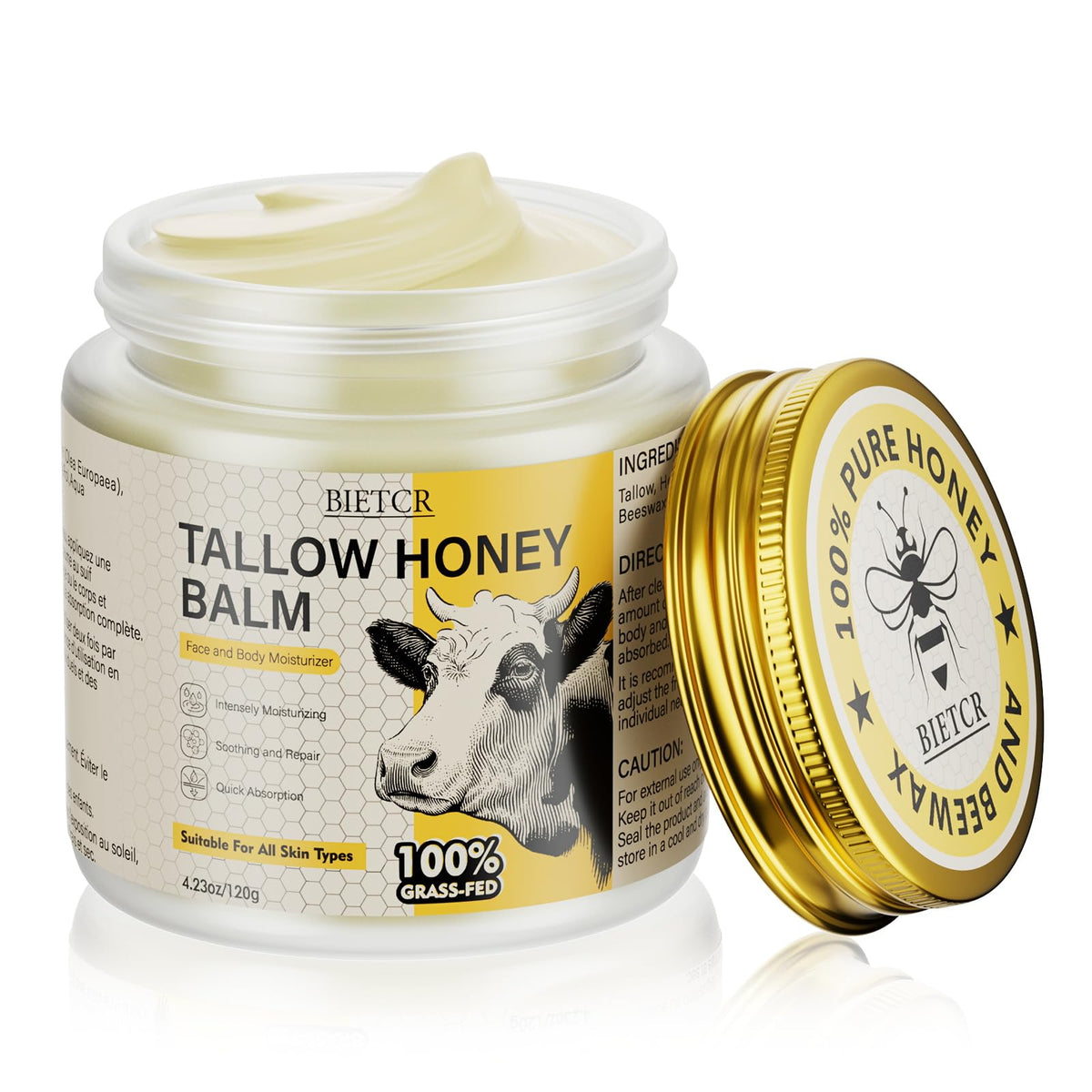 BIETCR organic grass-fed beef tallow jar close-up showcases pure ingredients for nourished skin.