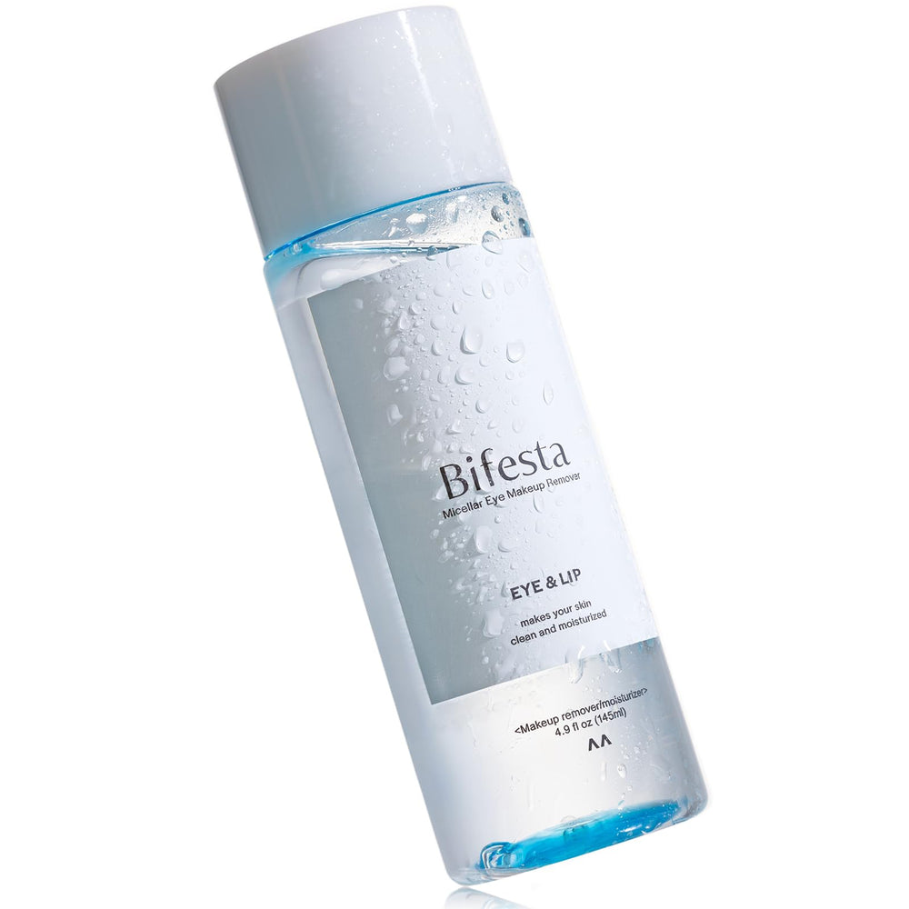 Bifesta Eye & Lip Micellar Remover bottle closeup shows gentle daily cleansing for eyes and lips.
