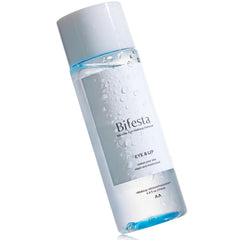Bifesta Eye & Lip Micellar Remover bottle closeup shows gentle daily cleansing for eyes and lips.