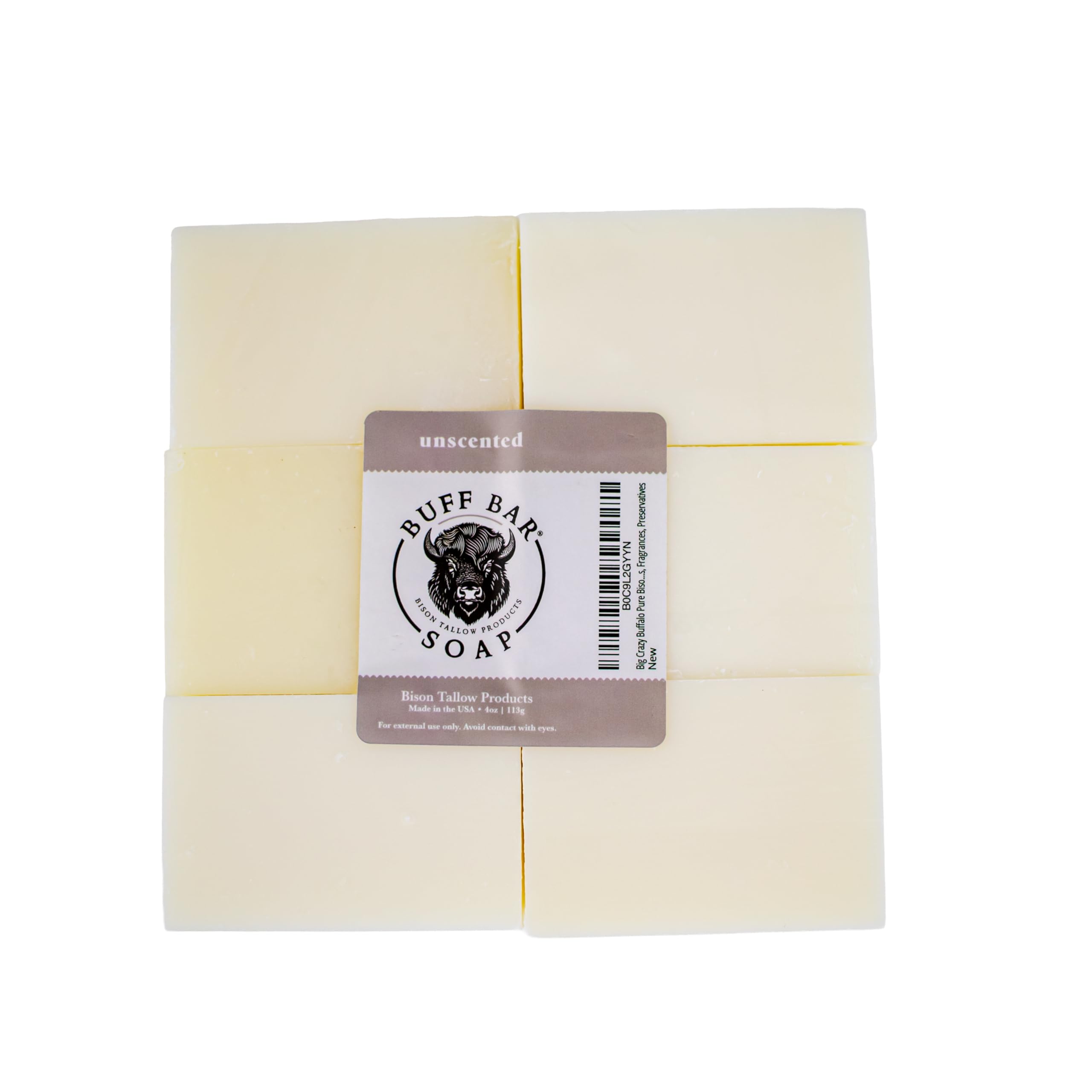 Big Crazy Buffalo Buff Bar 6-pack unscented front view for fragrance-free skin care.