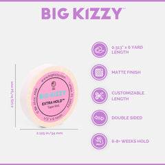 Big Kizzy Extra Hold tape roll in use shows durable adhesion for thicker hair.