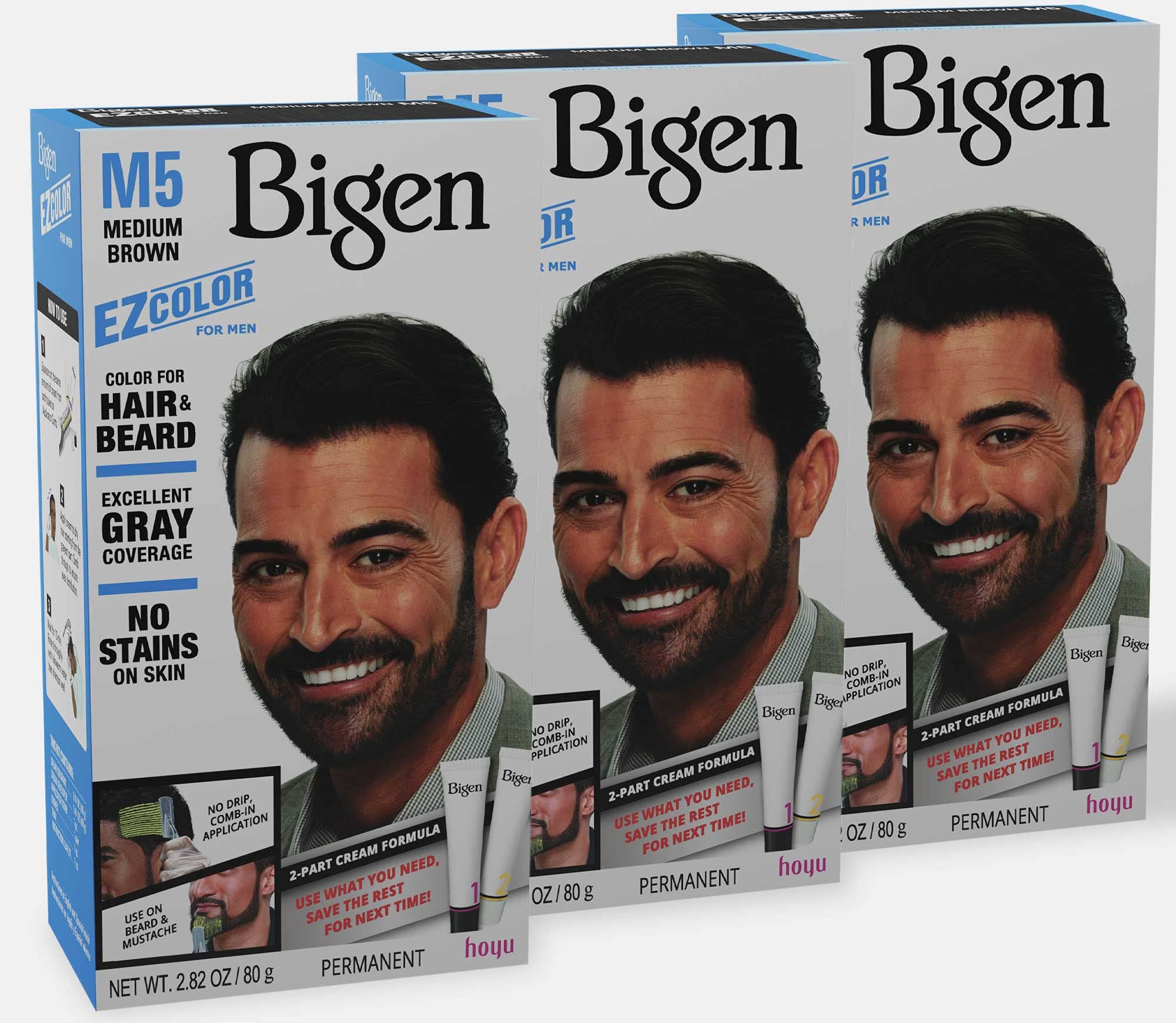 Bigen M5 EZ Color Medium Brown 3 Pack box highlights convenient packaging for home coloring.